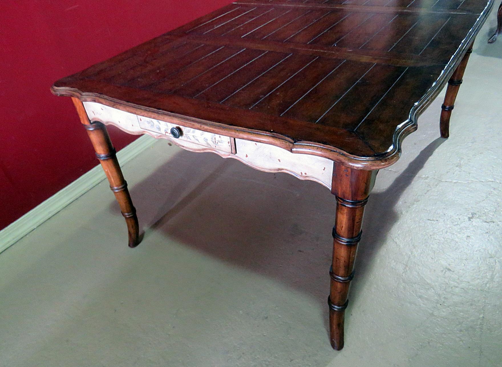 20th Century Paint Decorated French Faux Bamboo Dining Room Table with Silverware Drawers