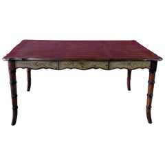 Paint Decorated French Faux Bamboo Dining Room Table with Silverware Drawers