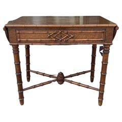 Faux Bamboo Drop Leaf Table with Stretcher Base 20th Century