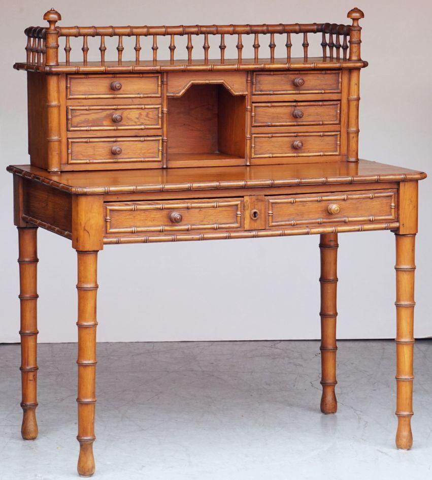 French  Faux Bamboo Escritoire or Writing Desk Table of Long-Leaf Pine from France For Sale