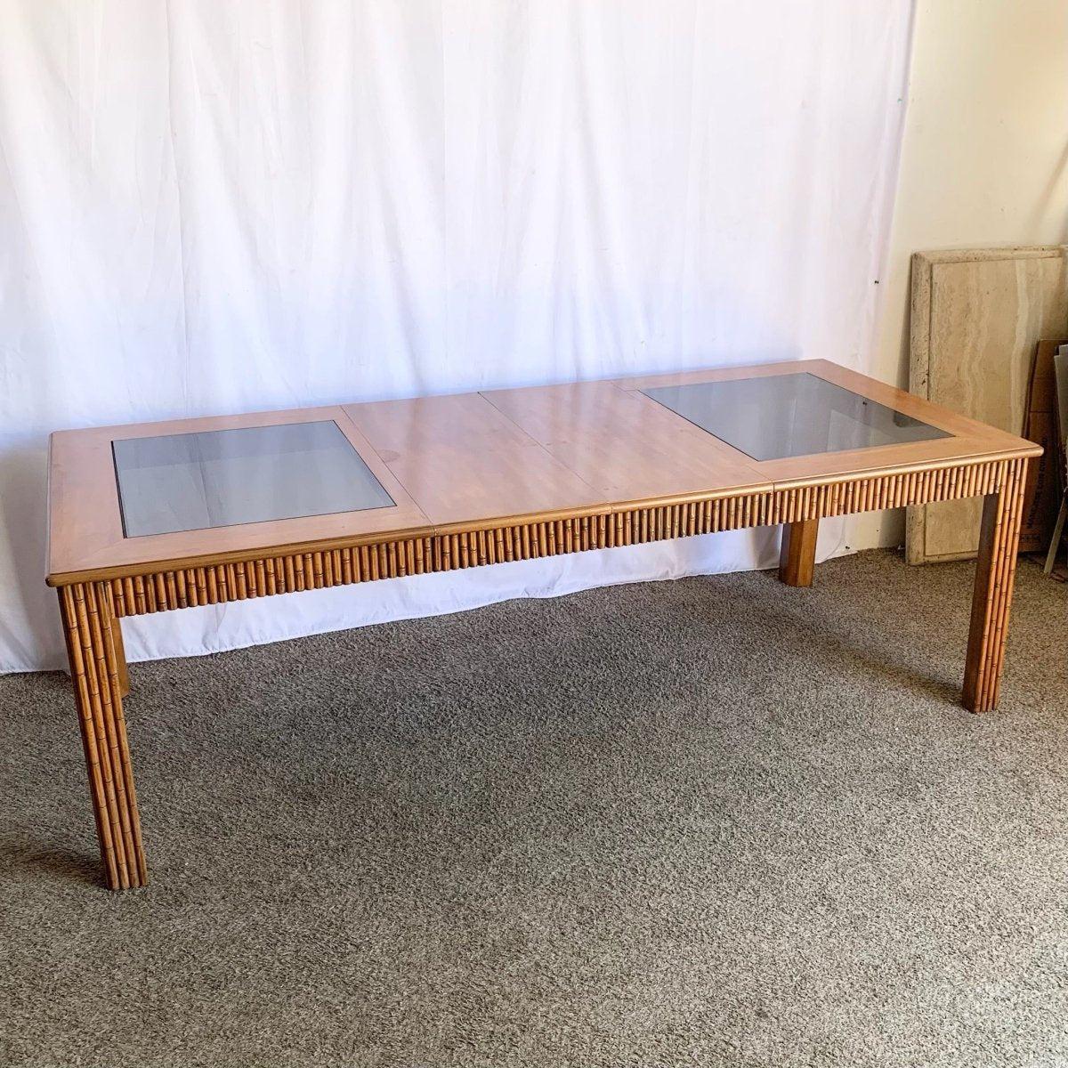 Faux Bamboo Extendable Smoked Glass Dining Table by American of Martinsville In Good Condition For Sale In Delray Beach, FL