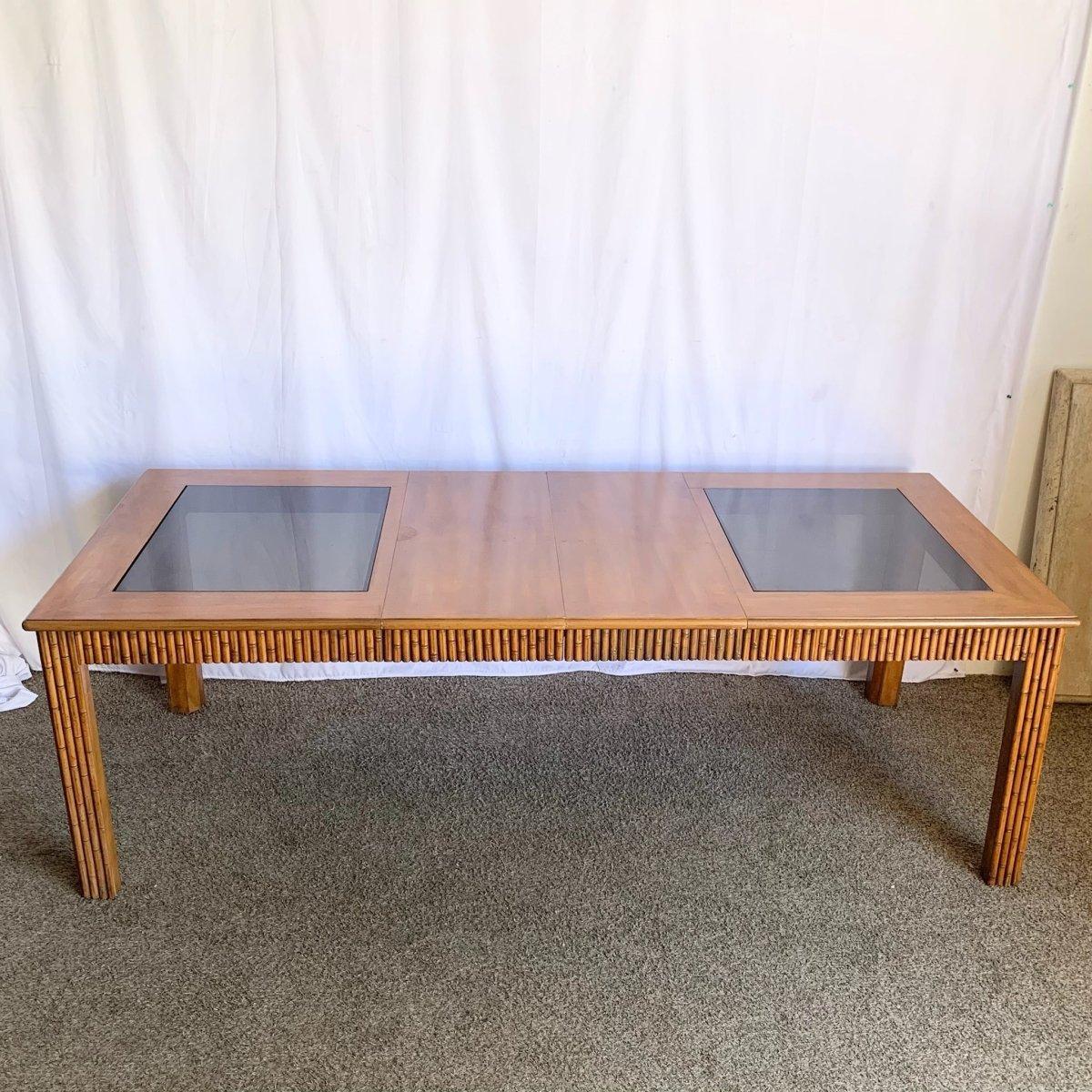 Faux Bamboo Extendable Smoked Glass Dining Table by American of Martinsville For Sale 1