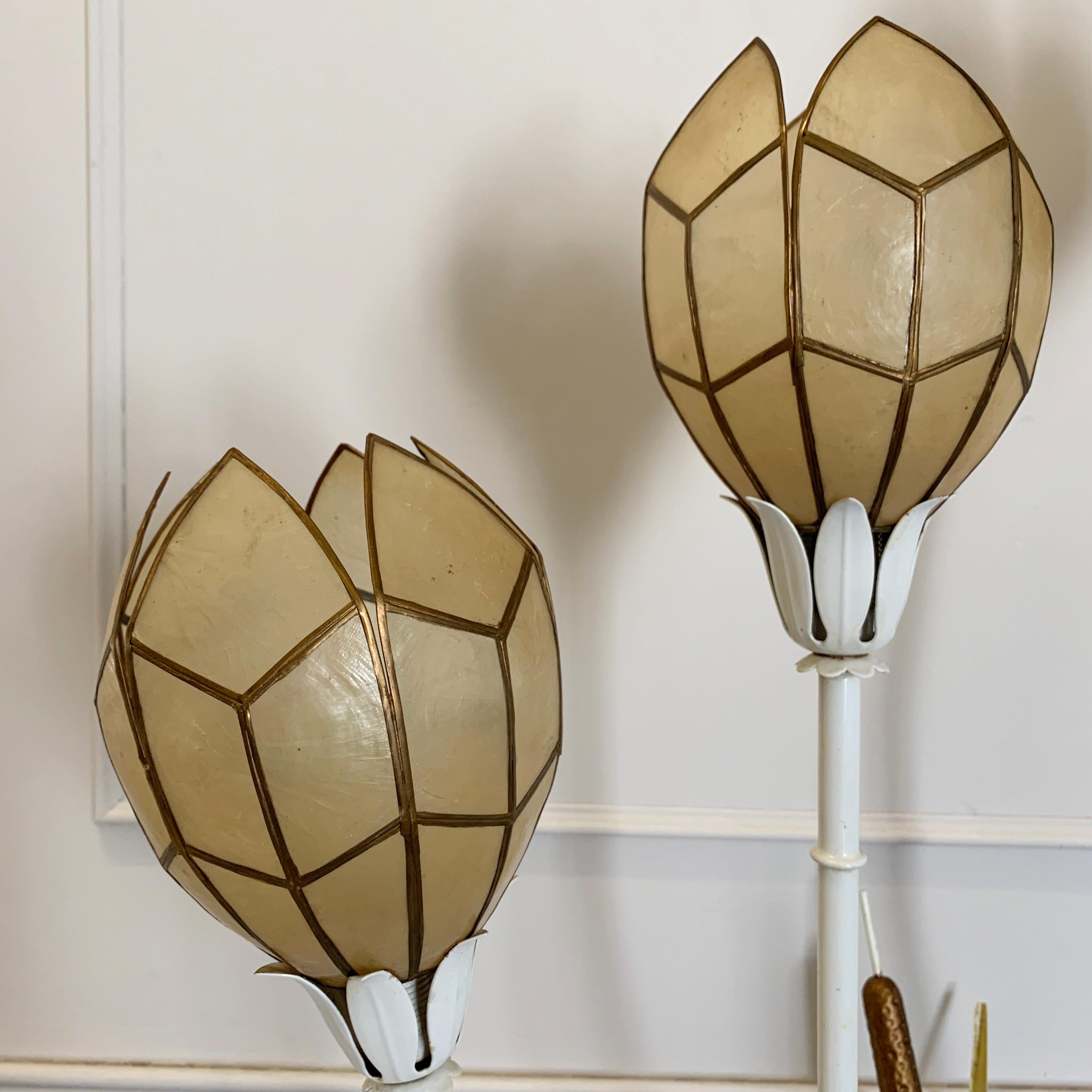 Faux Bamboo White Floor Lamp with Shell Shades For Sale 5