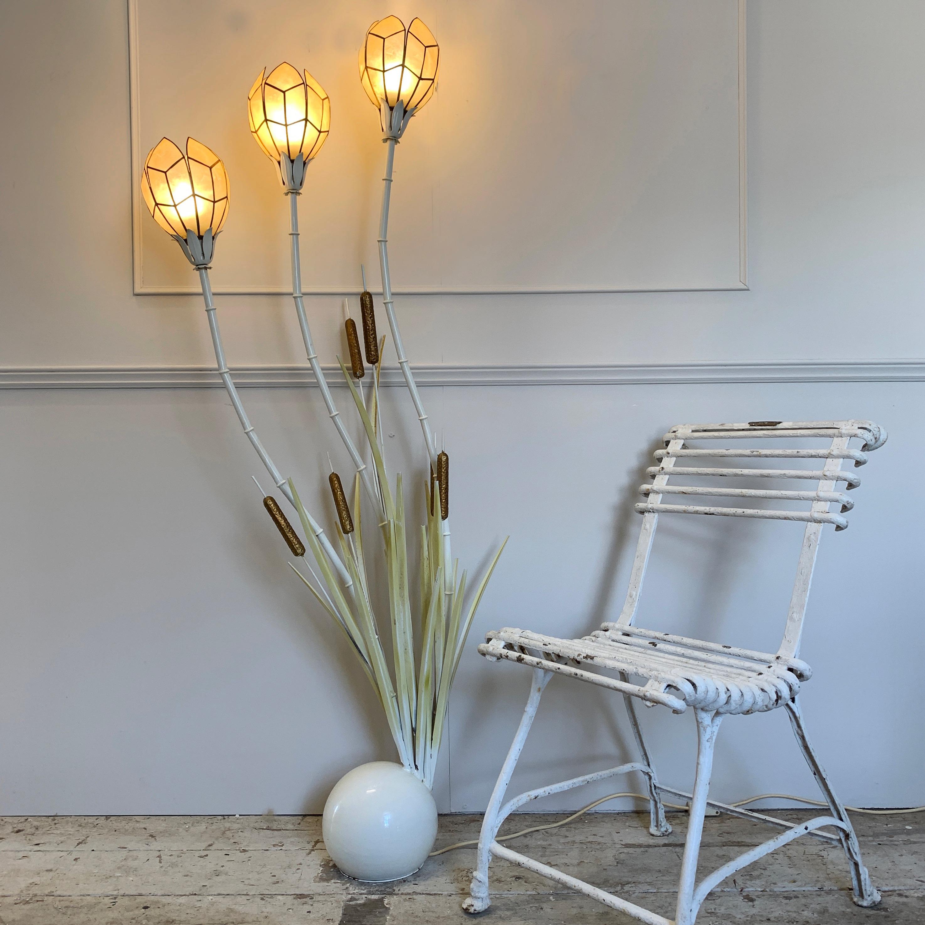 Metal Faux Bamboo White Floor Lamp with Shell Shades For Sale