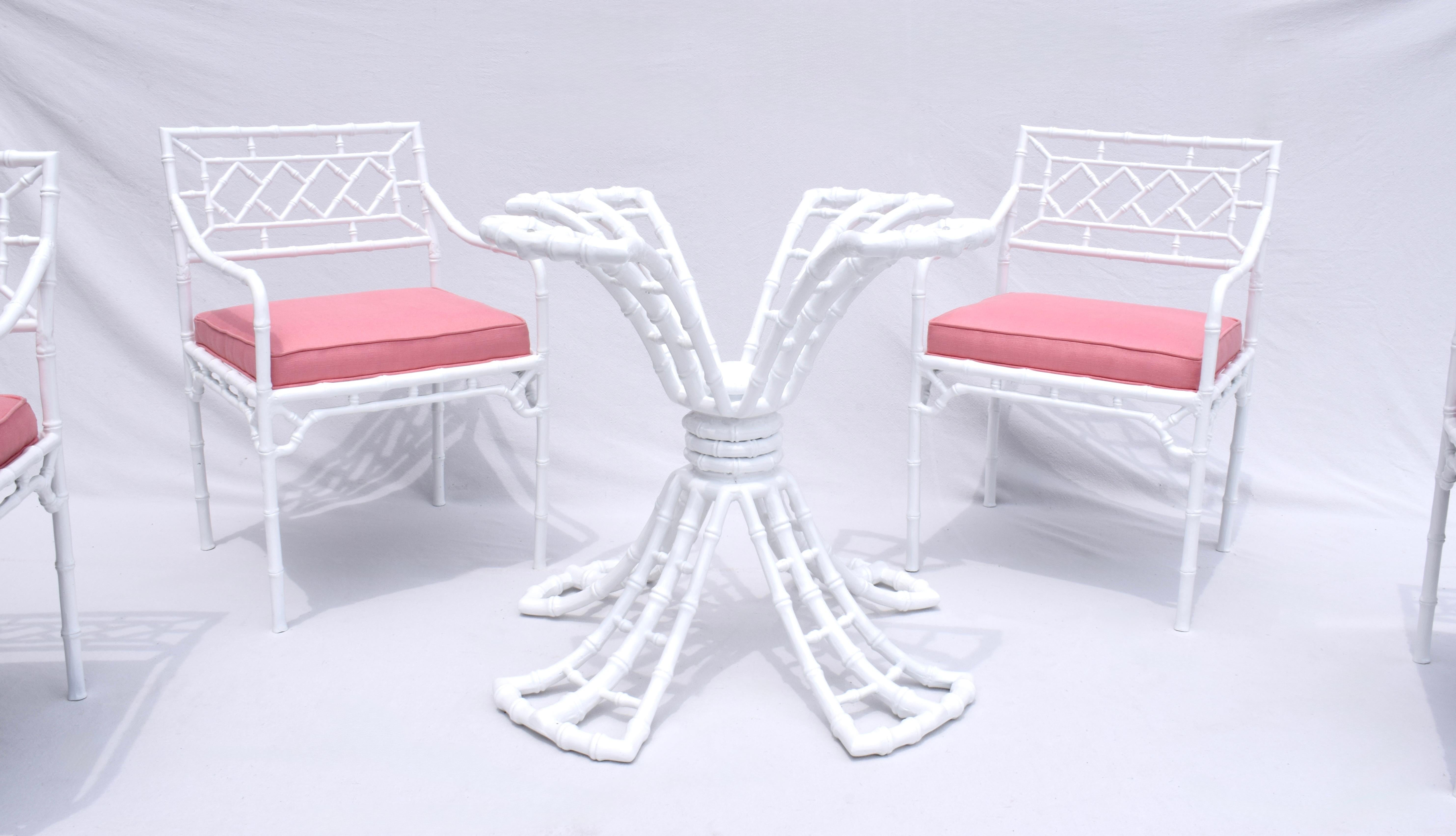 American Faux Bamboo Four Arm Chairs / Glass Top Dining Table Set For Sale