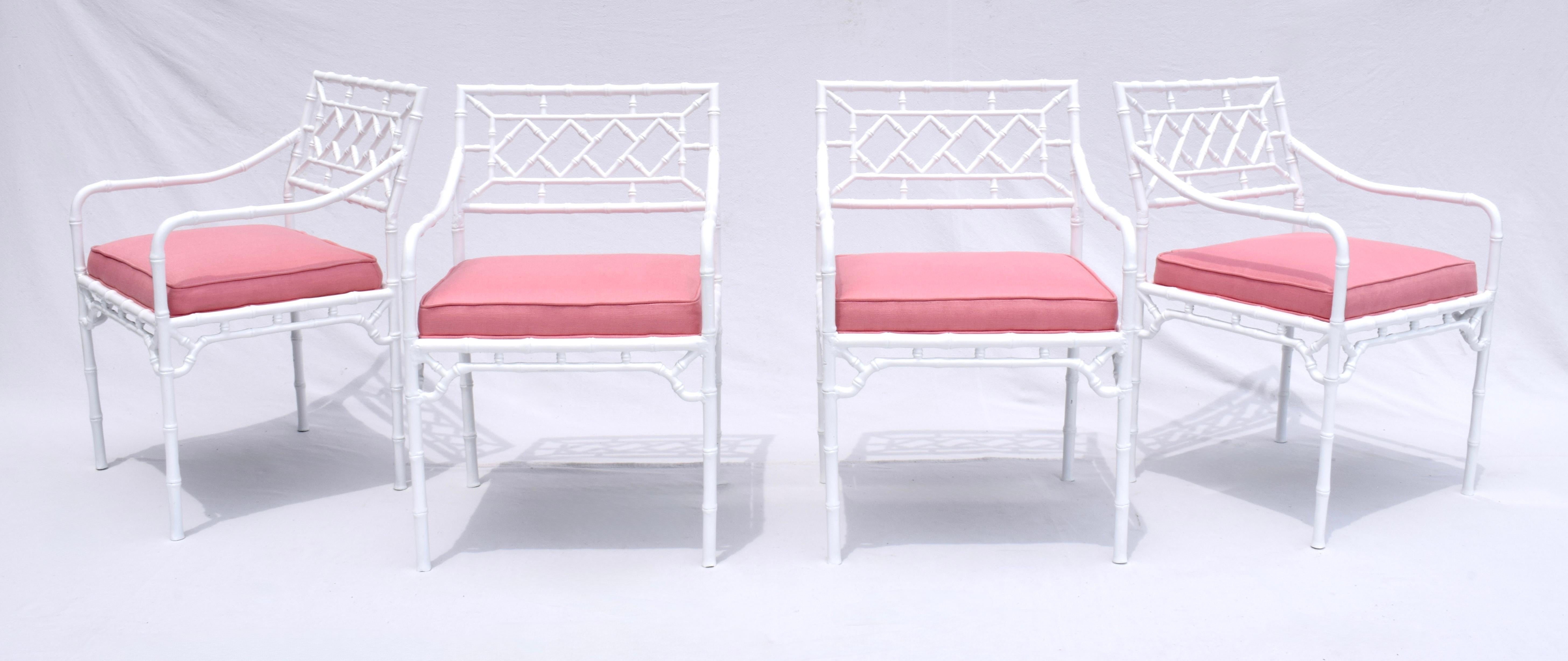 Powder-Coated Faux Bamboo Four Arm Chairs / Glass Top Dining Table Set For Sale