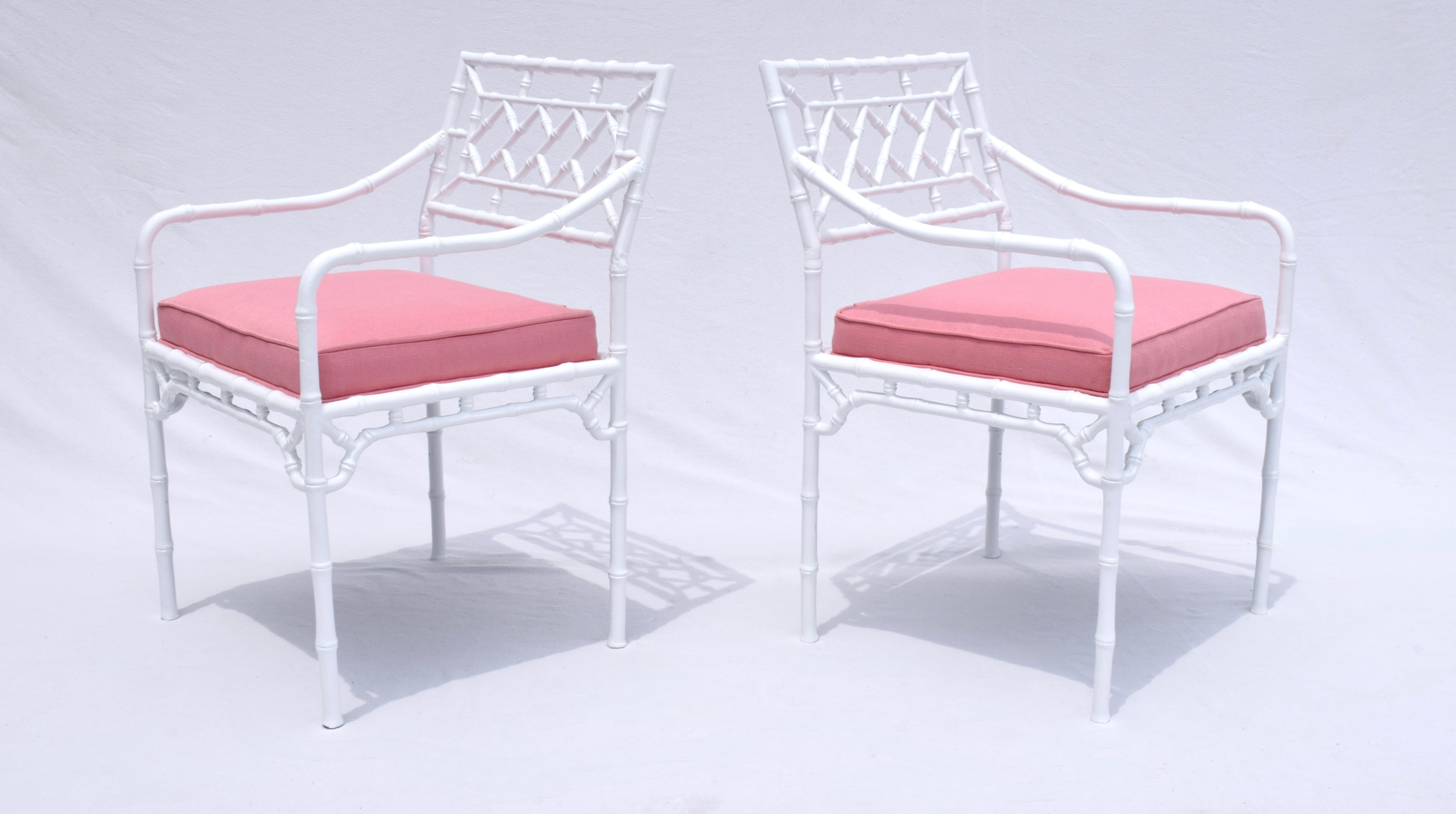Mid-20th Century Faux Bamboo Four Arm Chairs / Glass Top Dining Table Set For Sale