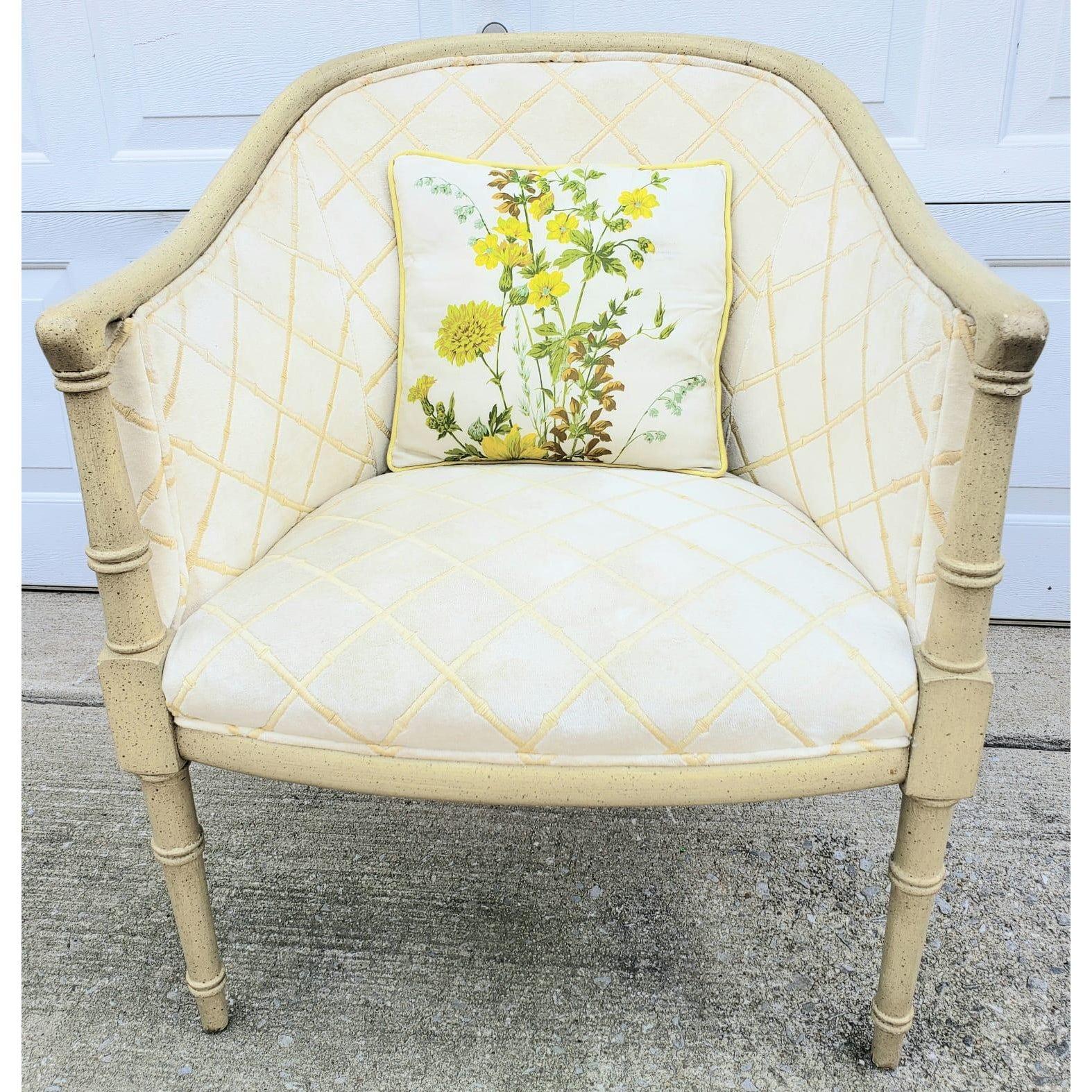 Faux bamboo and velvet upholstery barrel chair. Comes with accent pillow. Velvet Upholstery stitched throughout with bamboo looking stitches.
Measures 25
