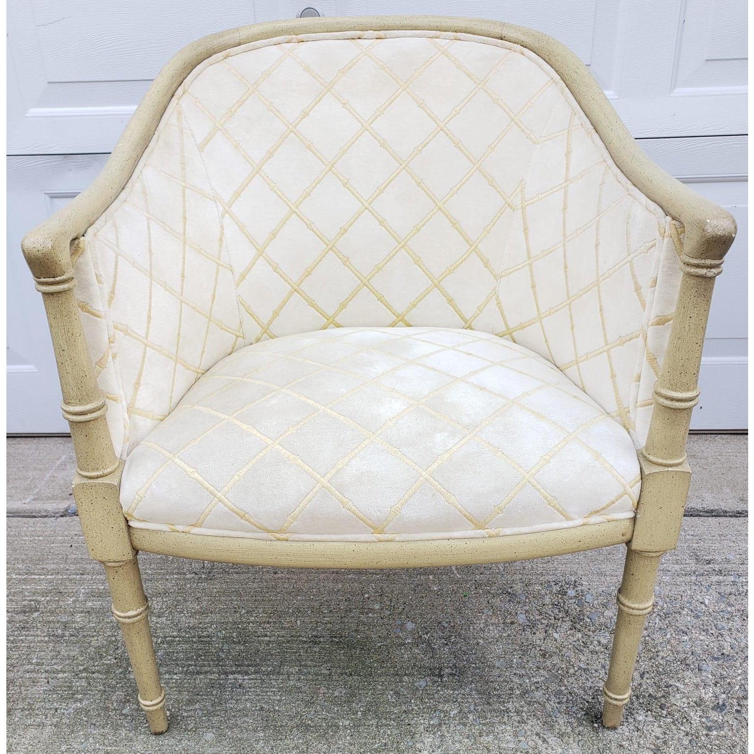 Découpage Faux Bamboo Frame and Velvet Upholstered Barrel Chair with Accent Pillow