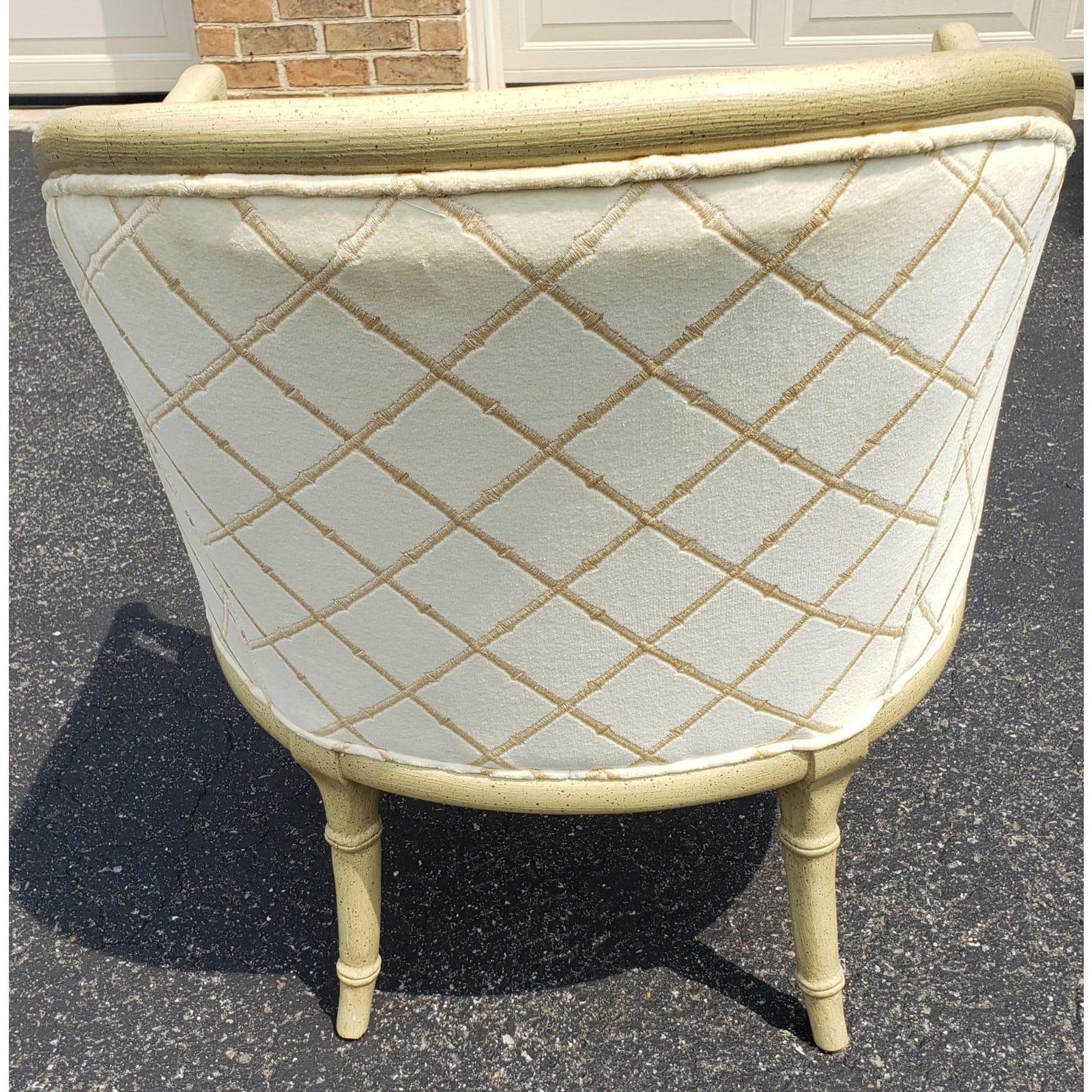 Faux Bamboo Frame and Velvet Upholstered Barrel Chair with Accent Pillow In Good Condition In Germantown, MD