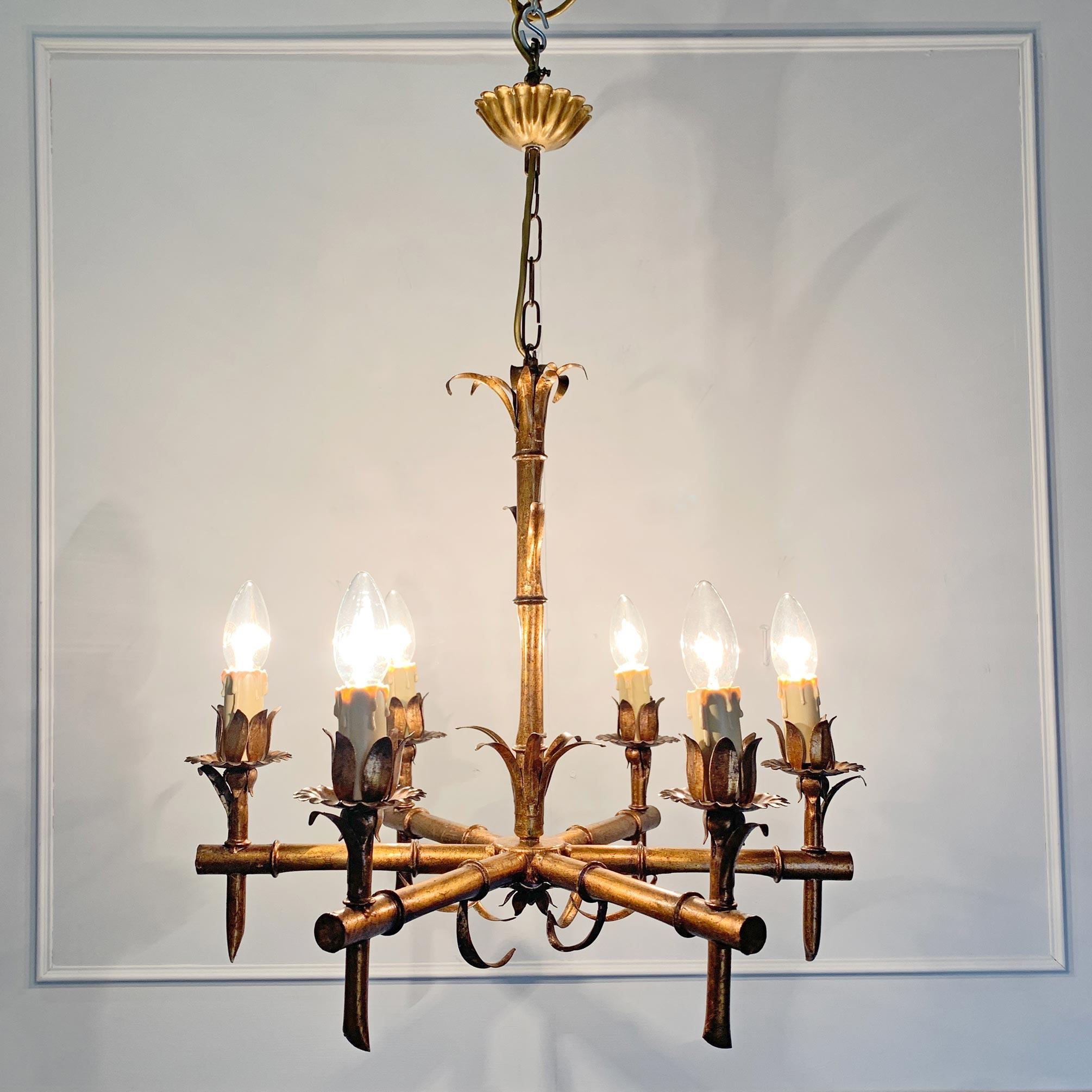 Mid-Century Modern Faux Bamboo French 1950s Gold Chandelier For Sale