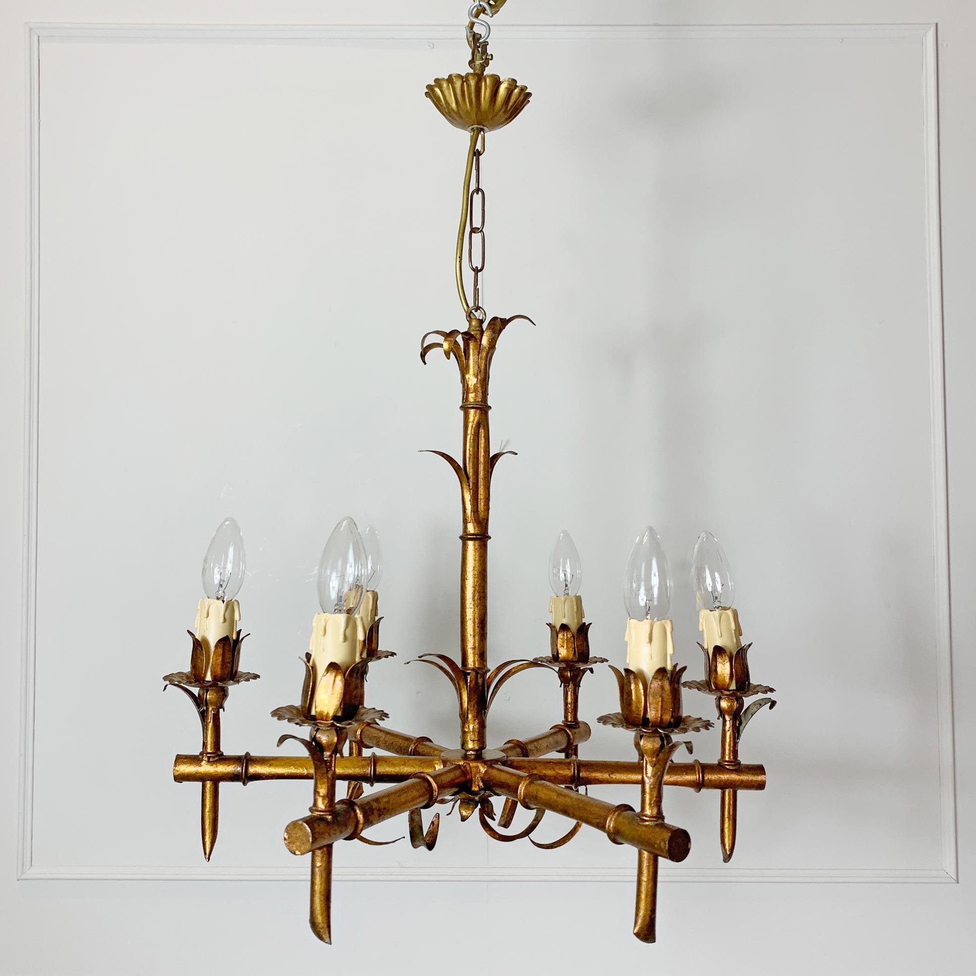 Faux Bamboo French 1950s Gold Chandelier In Good Condition For Sale In Hastings, GB