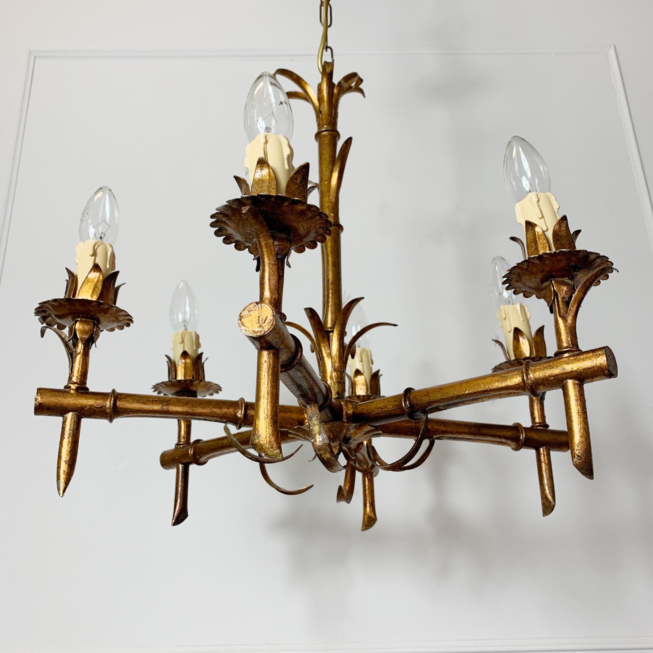 20th Century Faux Bamboo French 1950s Gold Chandelier For Sale