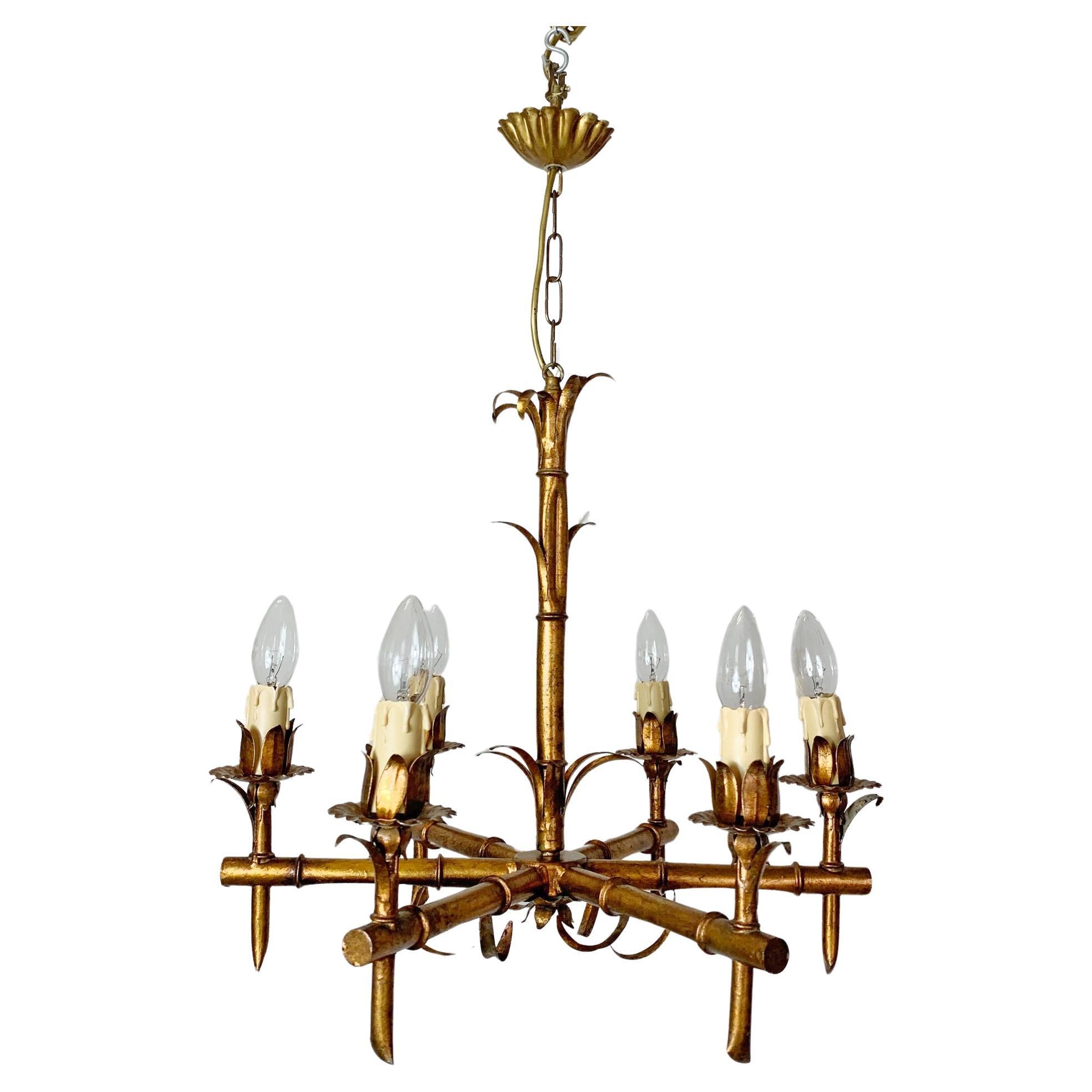 Faux Bamboo French 1950s Gold Chandelier For Sale