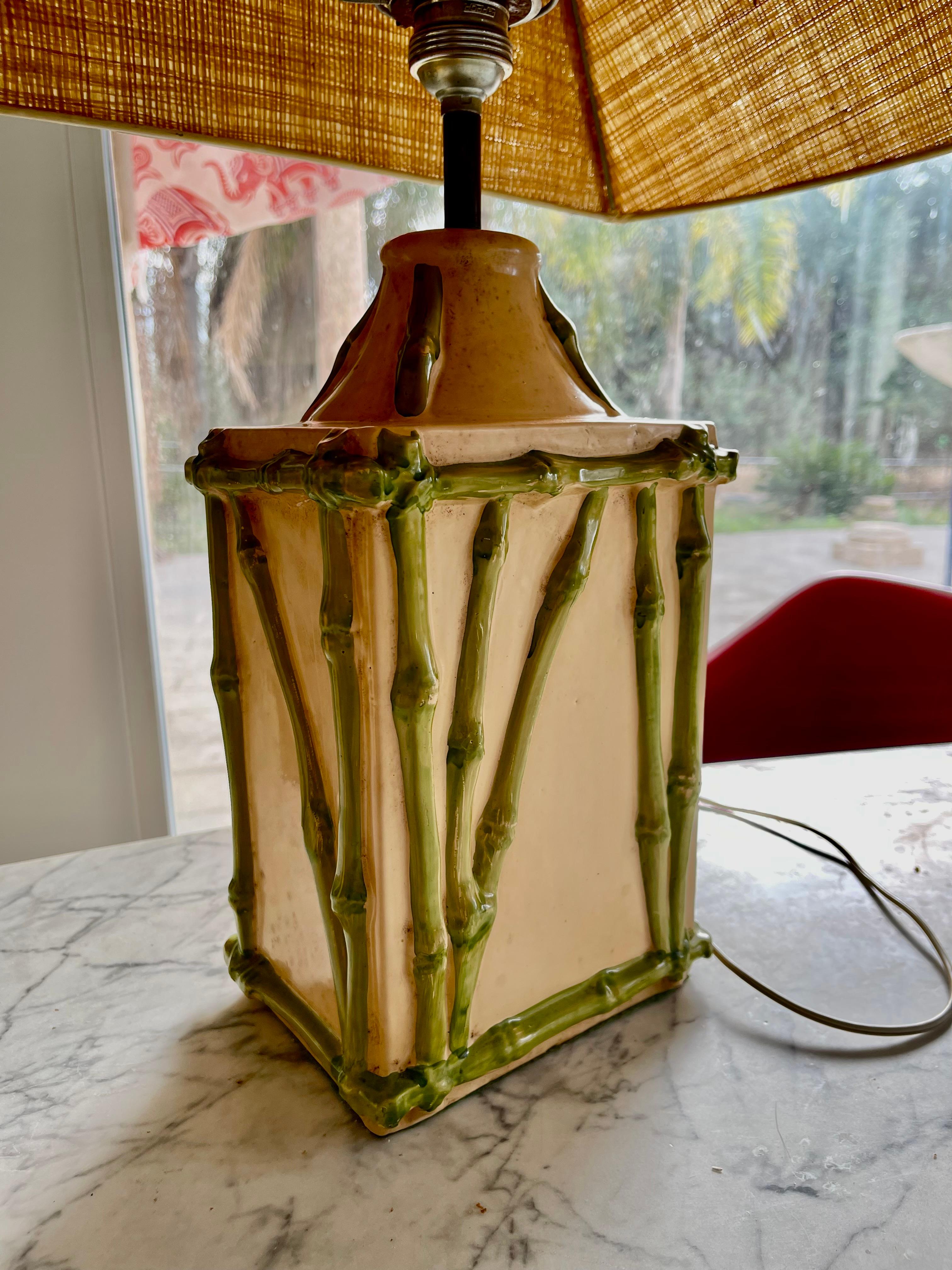 Hollywood Regency Faux Bamboo French Ceramic Table Lamp Pair , French 1970 For Sale