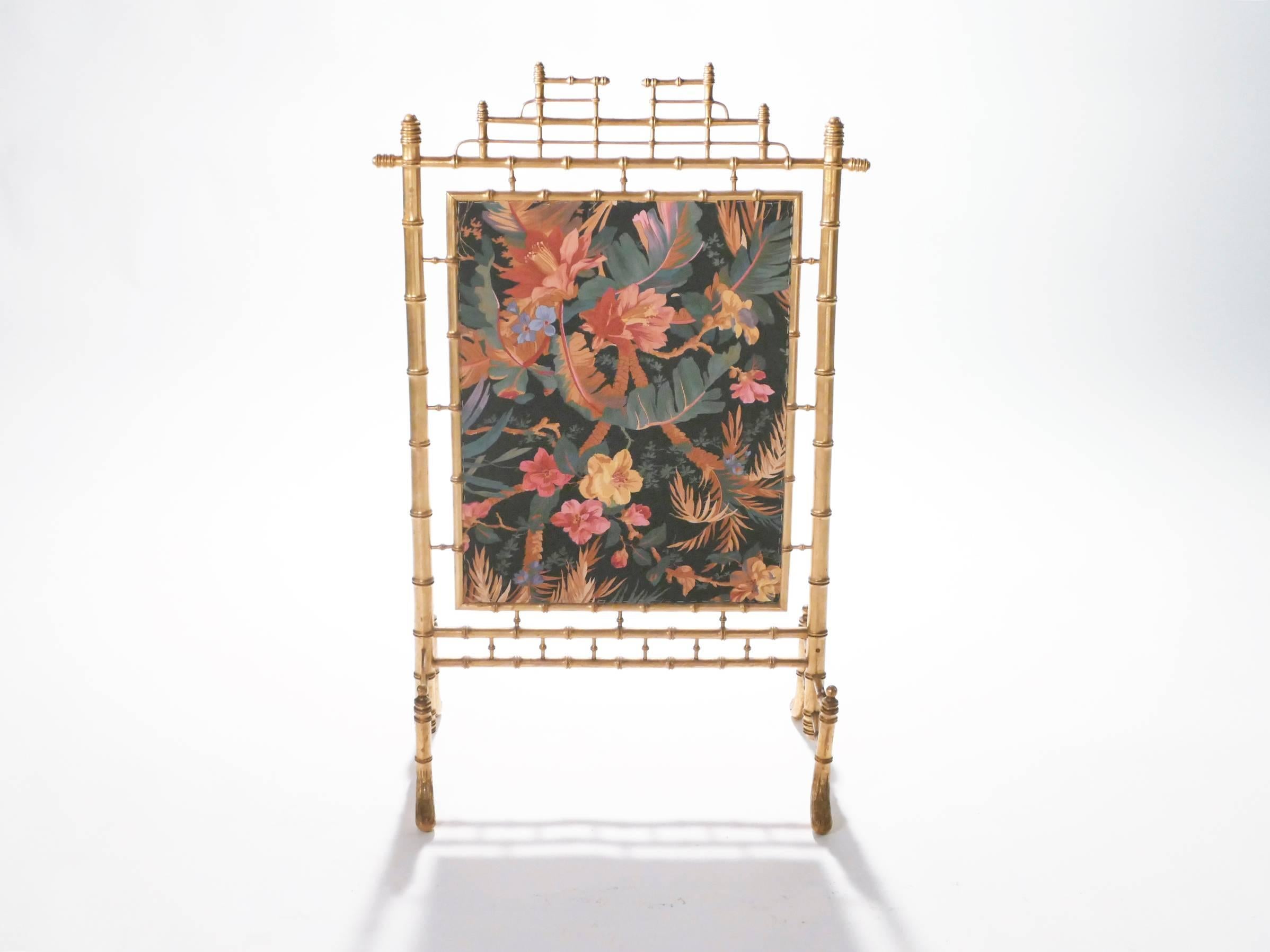 Highly decorative, this pretty, vintage fire screen adds a touch of glam and femininity to a contemporary study, living room, or bedroom. Perspex plastic, chosen for its durability, endurance, and flexibility, is painted to mimic bronze for the