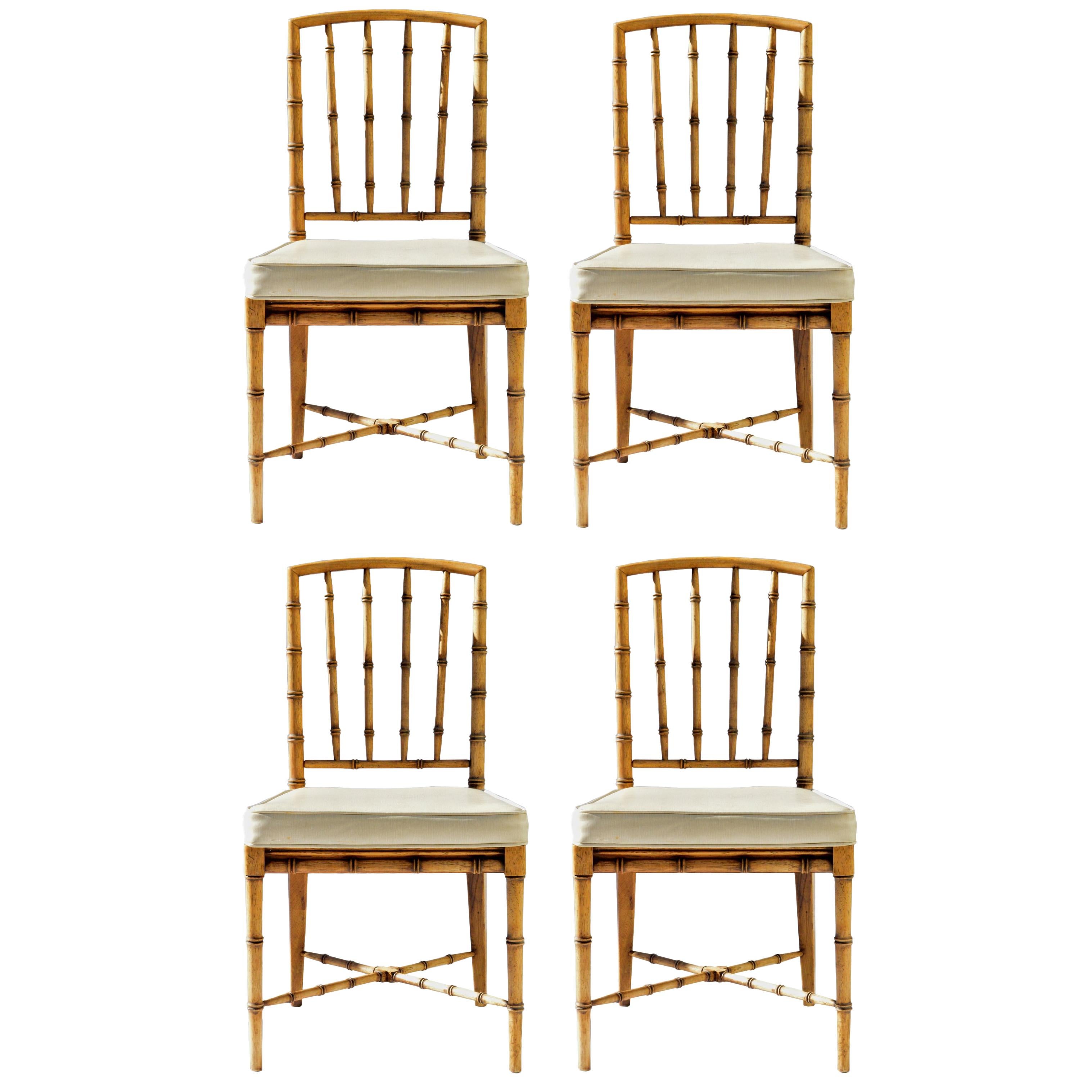 Faux Bamboo Game Table Chairs of Bleached Oak, Set of 4