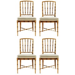 Faux Bamboo Game Table Chairs of Bleached Oak, Set of 4