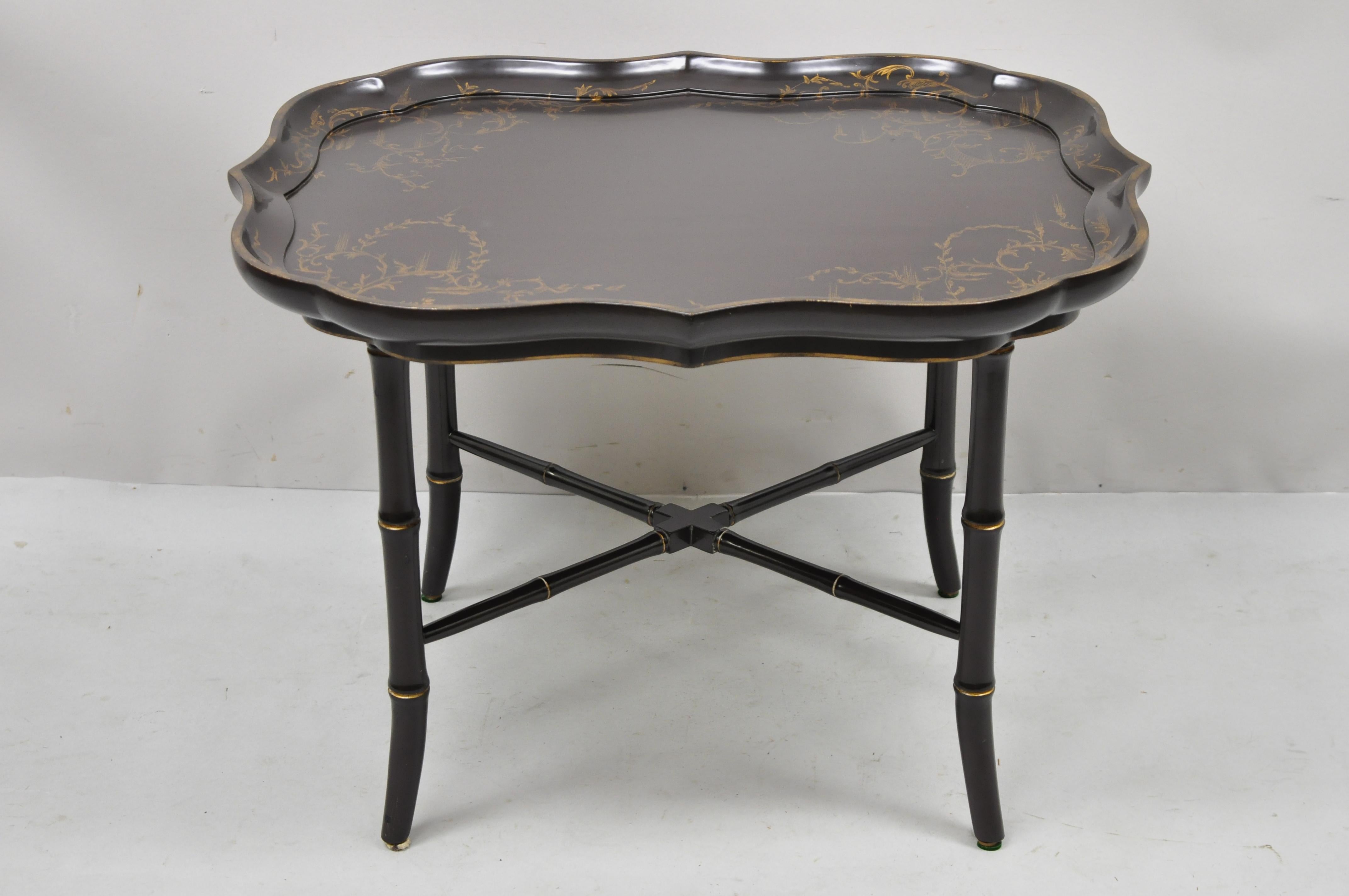 Faux Bamboo Georgian Style Brown Lacquer Scallop Tray Top Coffee Cocktail Table For Sale 1