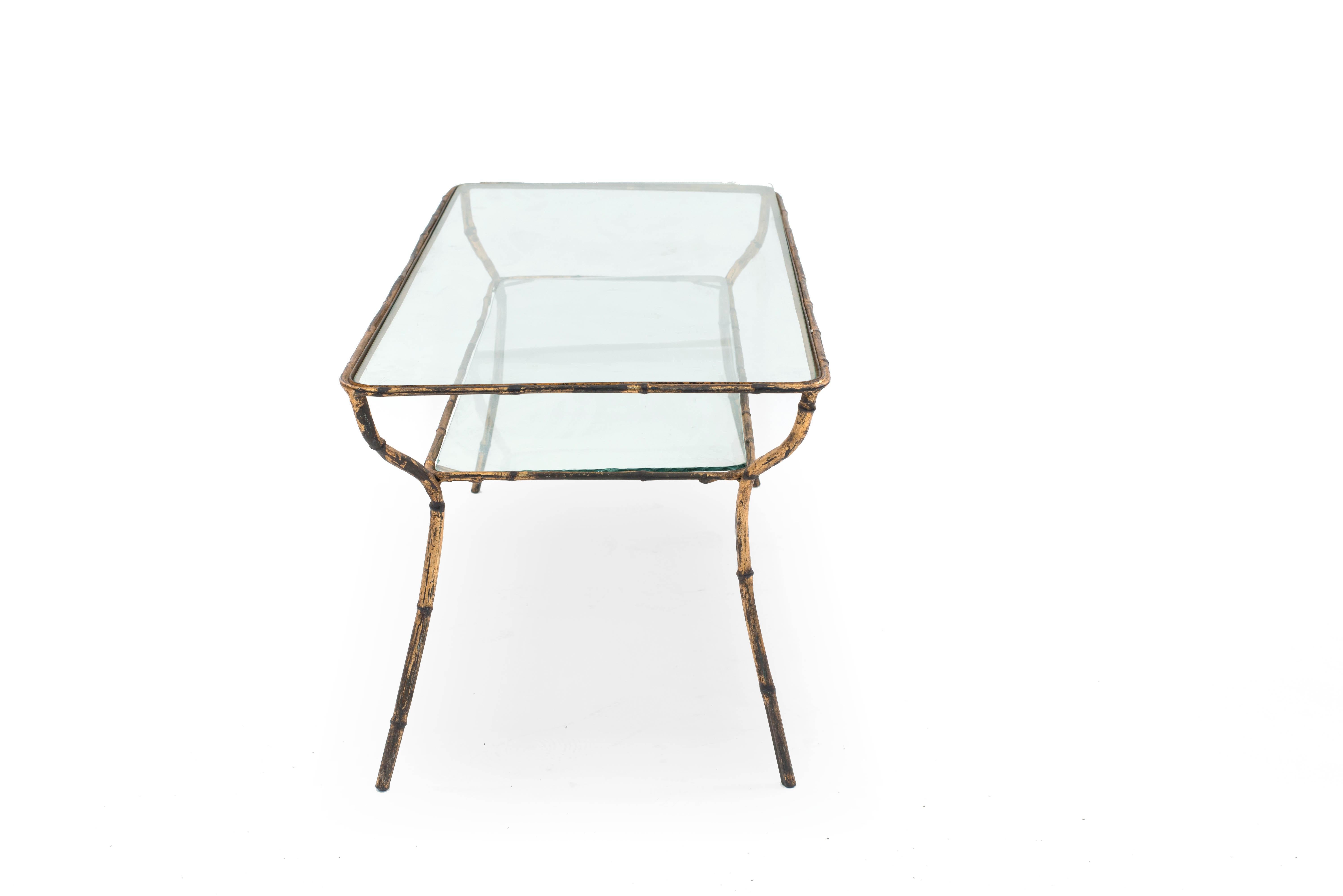 Mid-Century Modern Faux Bamboo Gilt and Glass Coffee Table