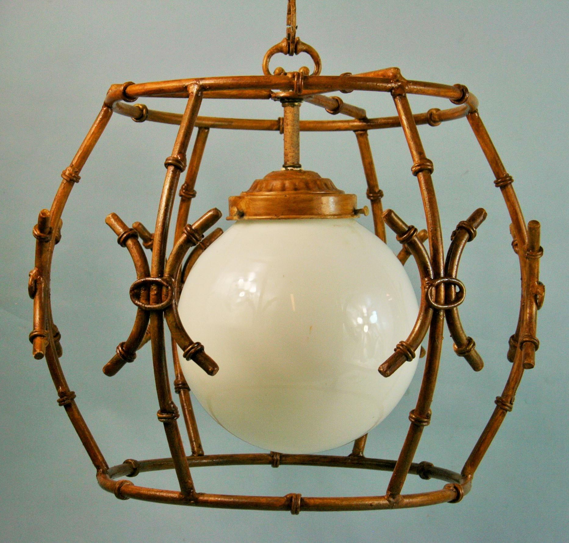 Faux bamboo gilt metal chandelier /pendant with white globe
Takes one 100 watt max Edison based bulb 
Newly rewired
Supplied with 3' chain and canopy
Fixture only dimensions 16.5
