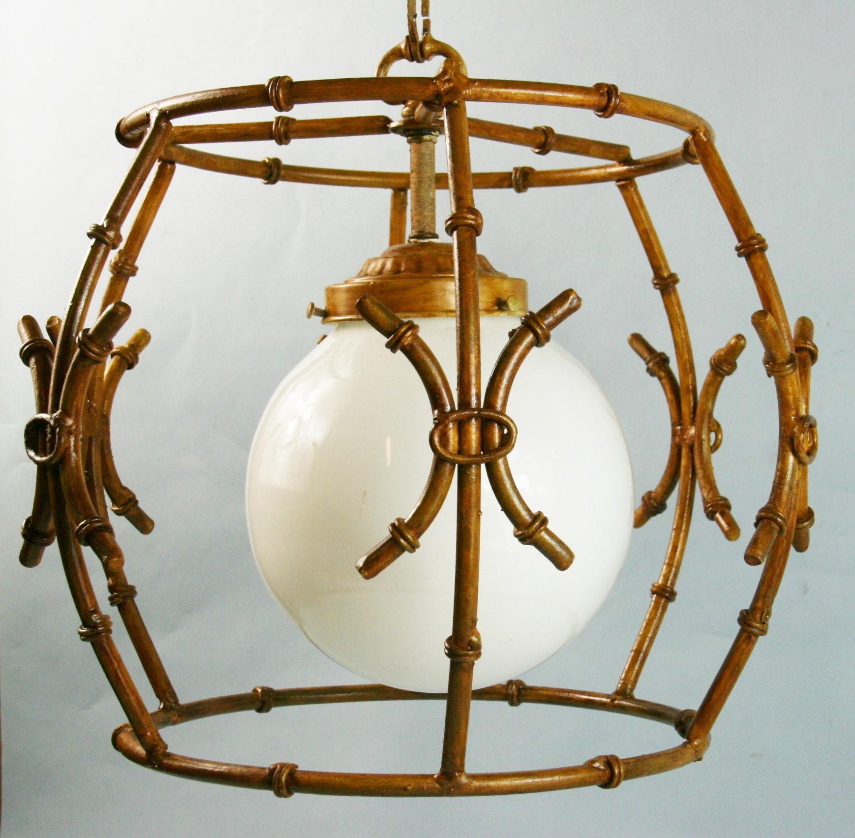 Faux Bamboo Gilt Metal Chandelier/Pendant with Glass Ball In Good Condition For Sale In Douglas Manor, NY