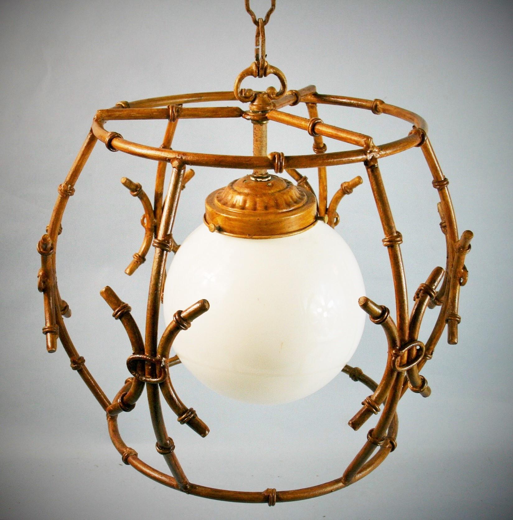 Mid-20th Century Faux Bamboo Gilt Metal Chandelier/Pendant with Glass Ball For Sale