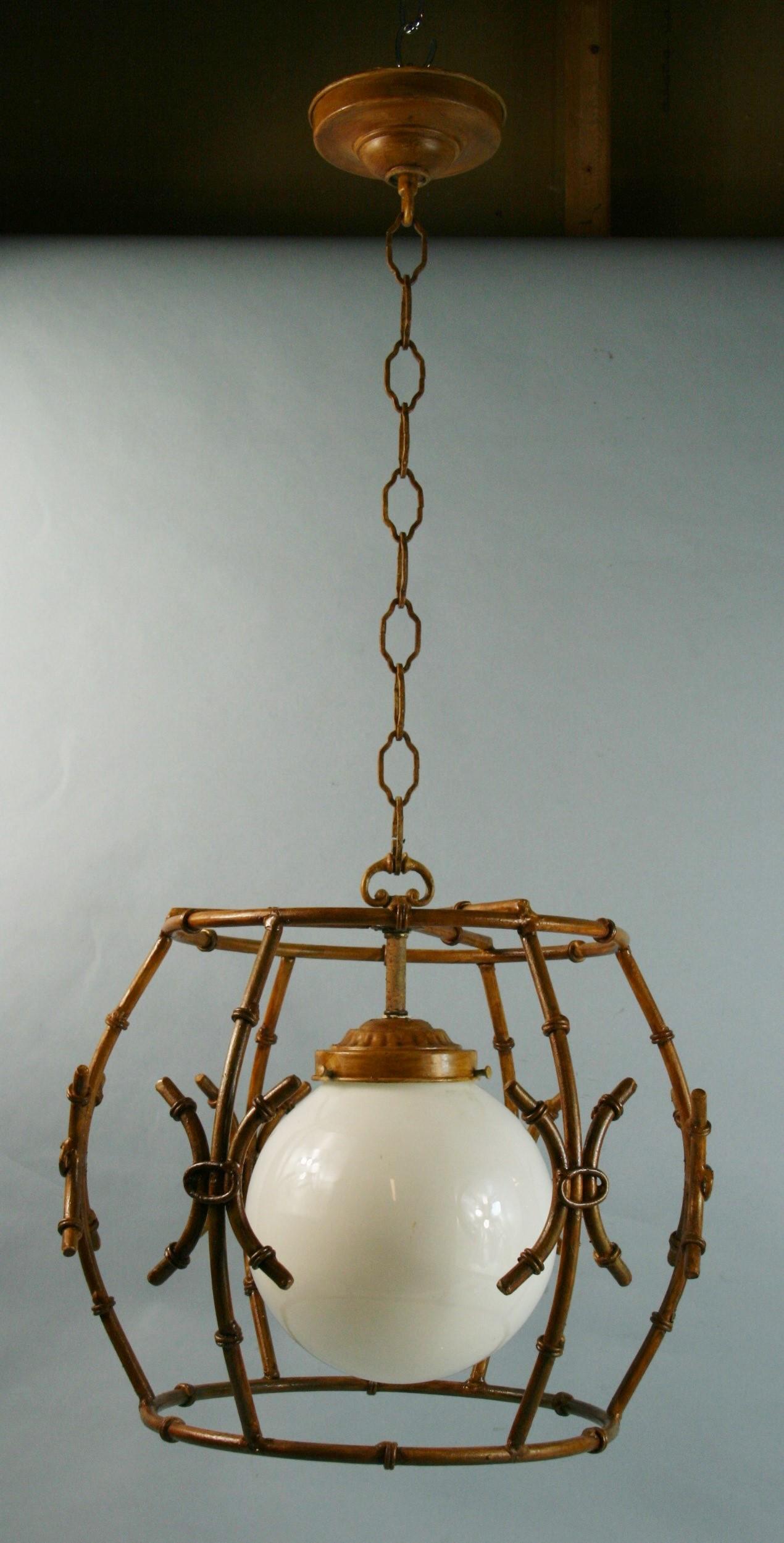 Faux Bamboo Gilt Metal Chandelier/Pendant with Glass Ball For Sale 1