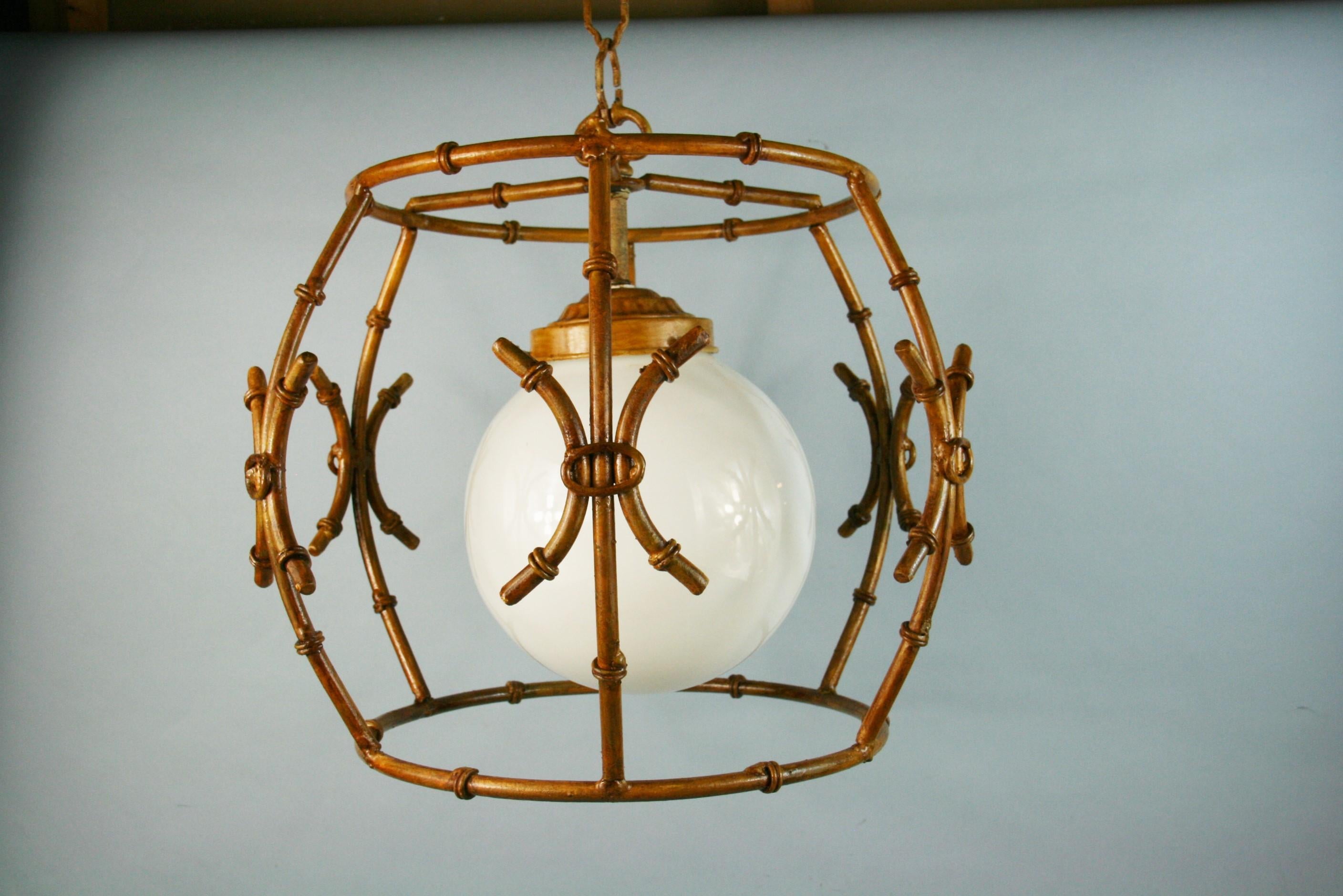 Faux Bamboo Gilt Metal Chandelier/Pendant with Glass Ball For Sale 2