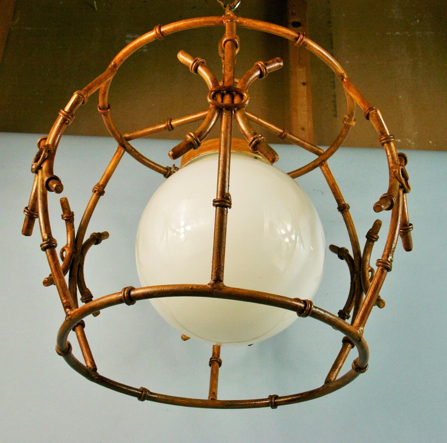 Faux Bamboo Gilt Metal Chandelier/Pendant with Glass Ball For Sale 3