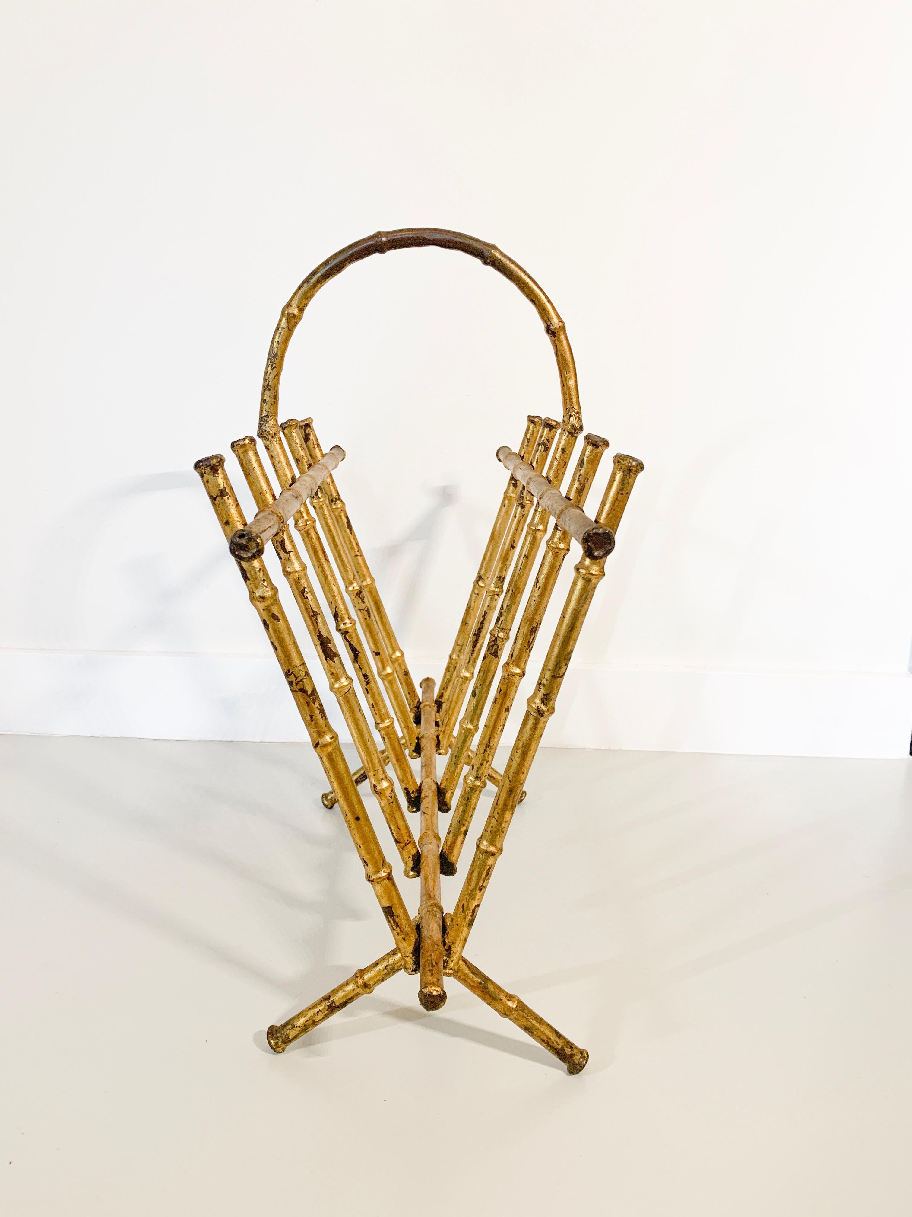 Mid-20th Century Faux Bamboo Gilt Metal Magazine Rack For Sale