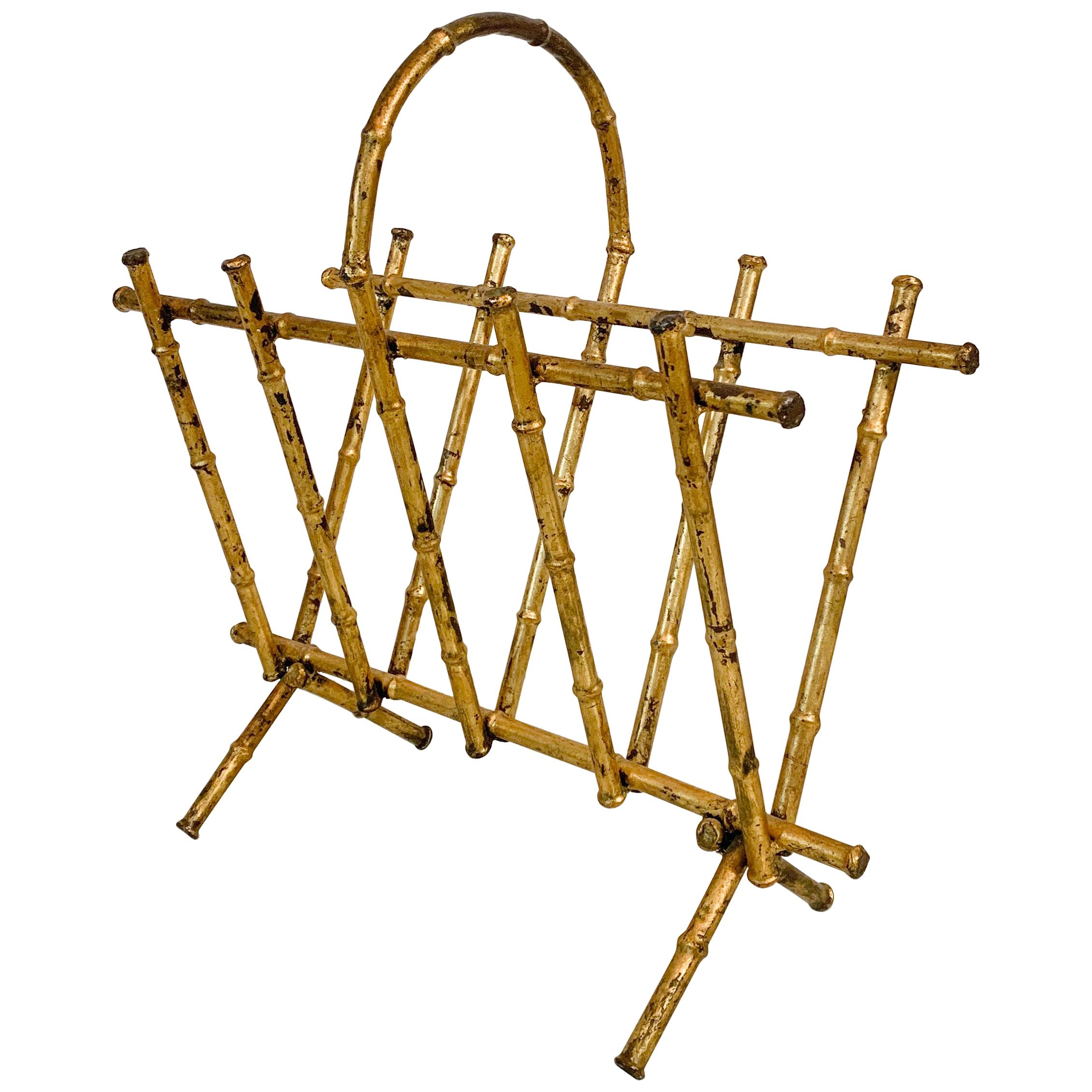 Faux Bamboo Gilt Metal Magazine Rack For Sale