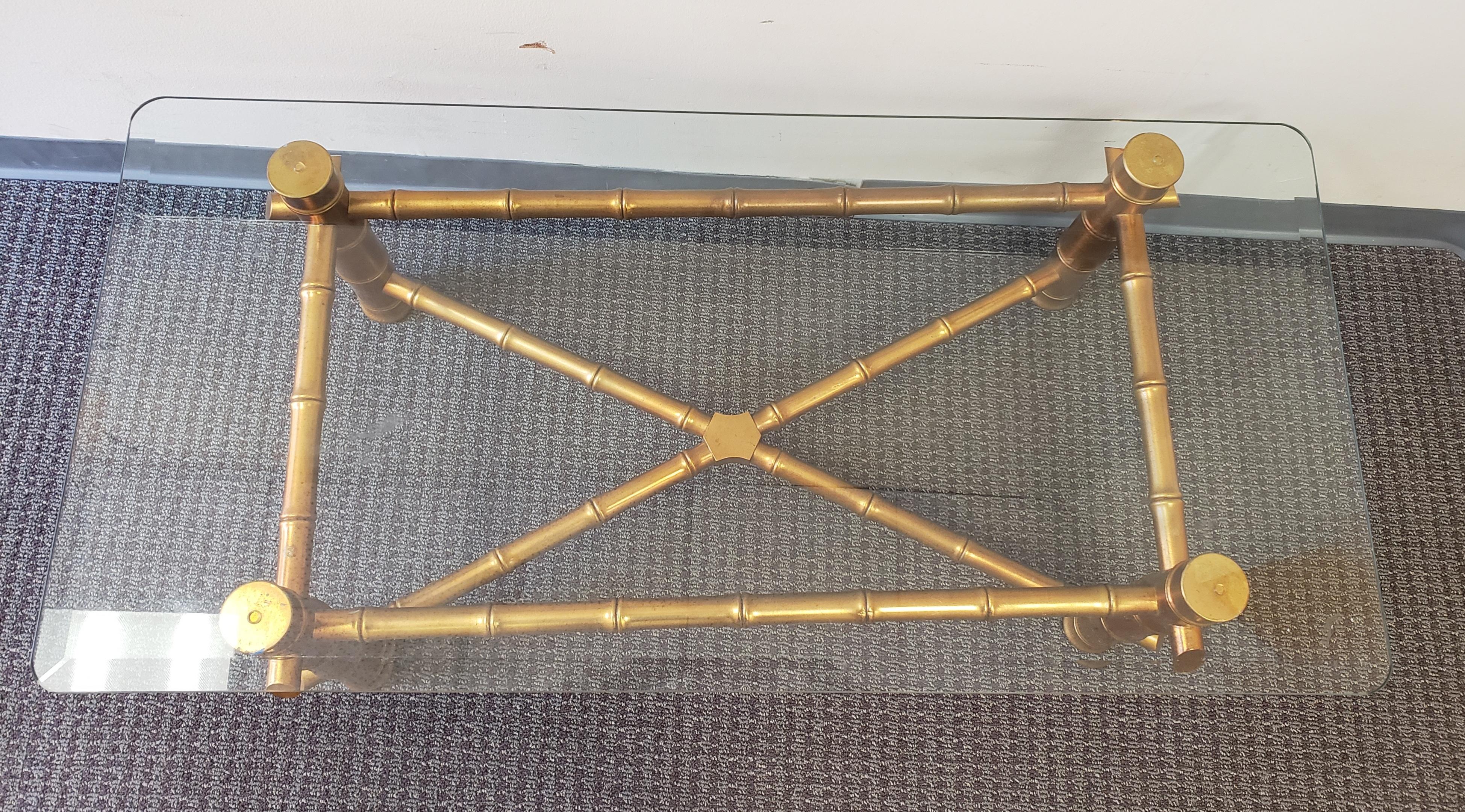 Faux Bamboo Giltwood Beveled Glass Top Cocktail Table Coffee Table In Good Condition For Sale In Germantown, MD