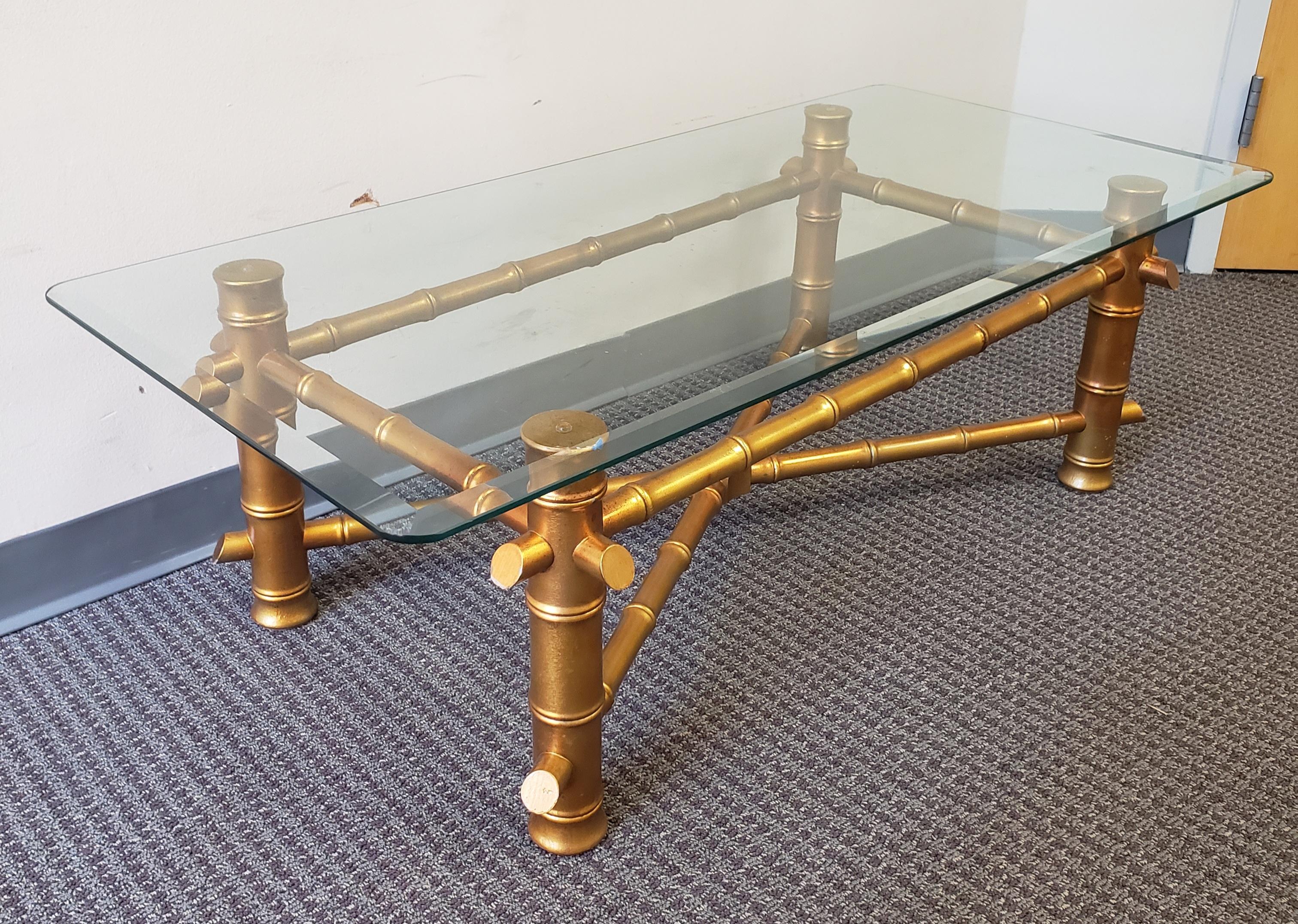 20th Century Faux Bamboo Giltwood Beveled Glass Top Cocktail Table Coffee Table For Sale