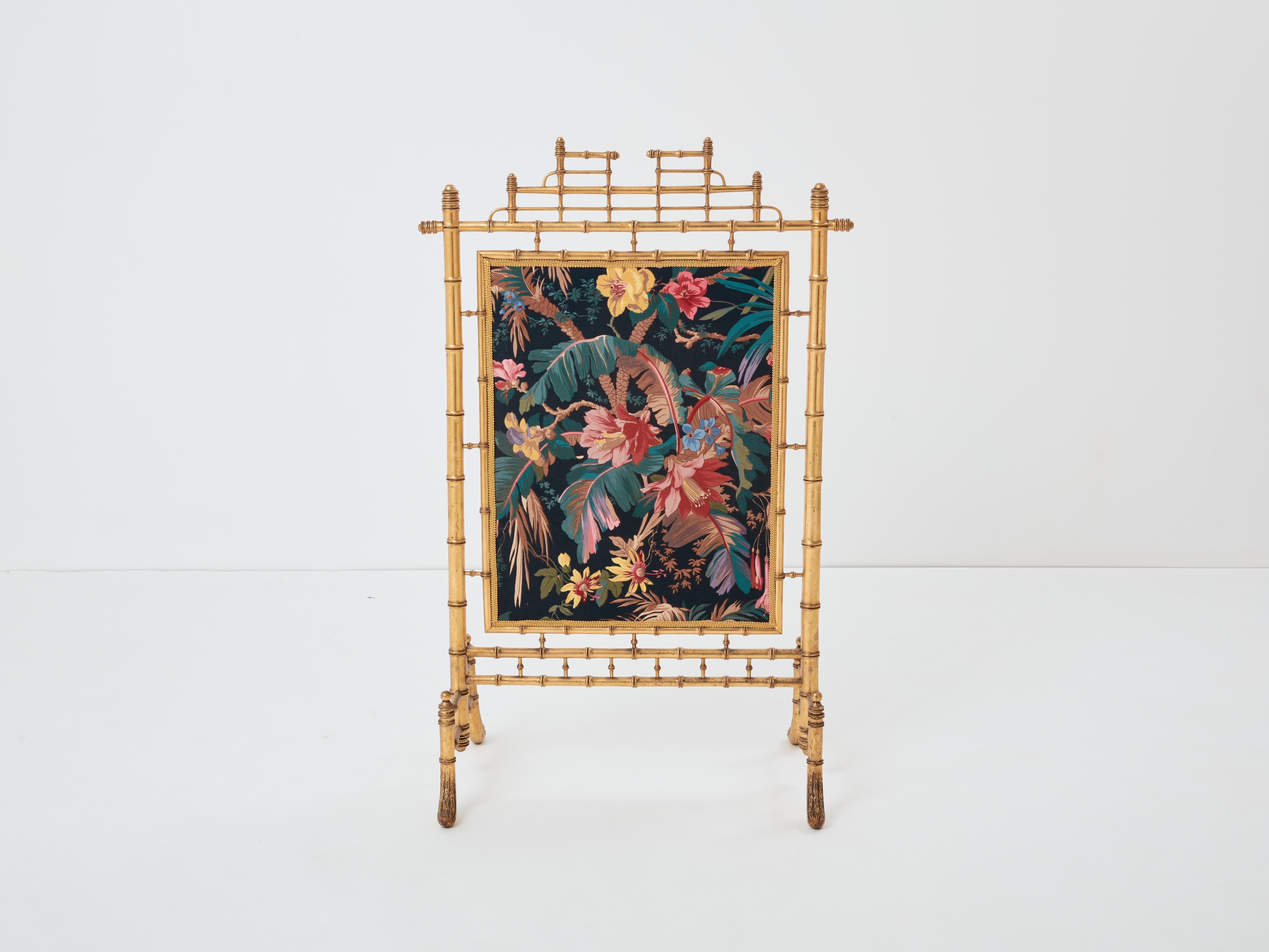Faux bamboo giltwood French decorative firescreen 1960s In Good Condition For Sale In Paris, IDF