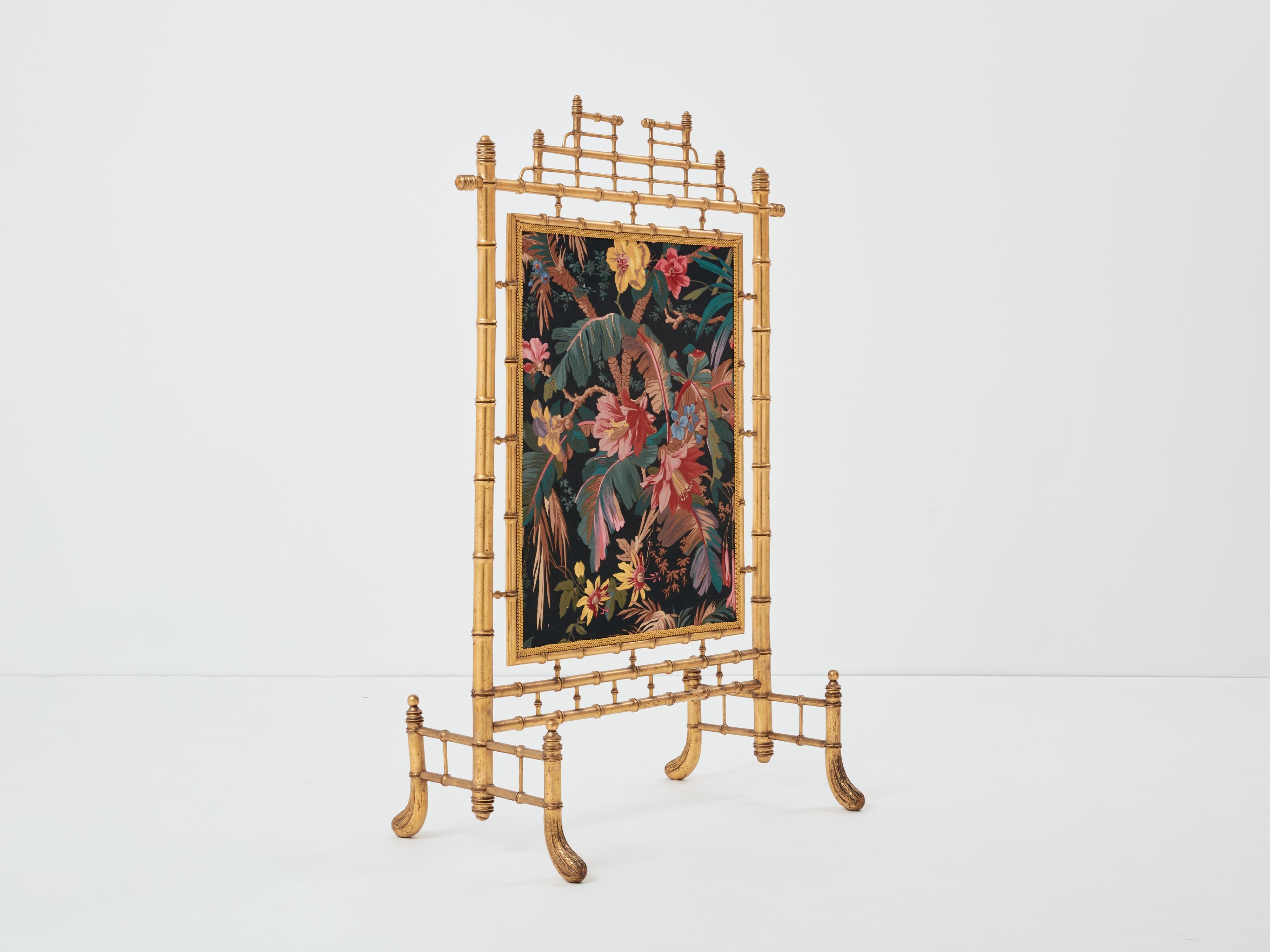 Faux bamboo giltwood French decorative firescreen 1960s For Sale 3