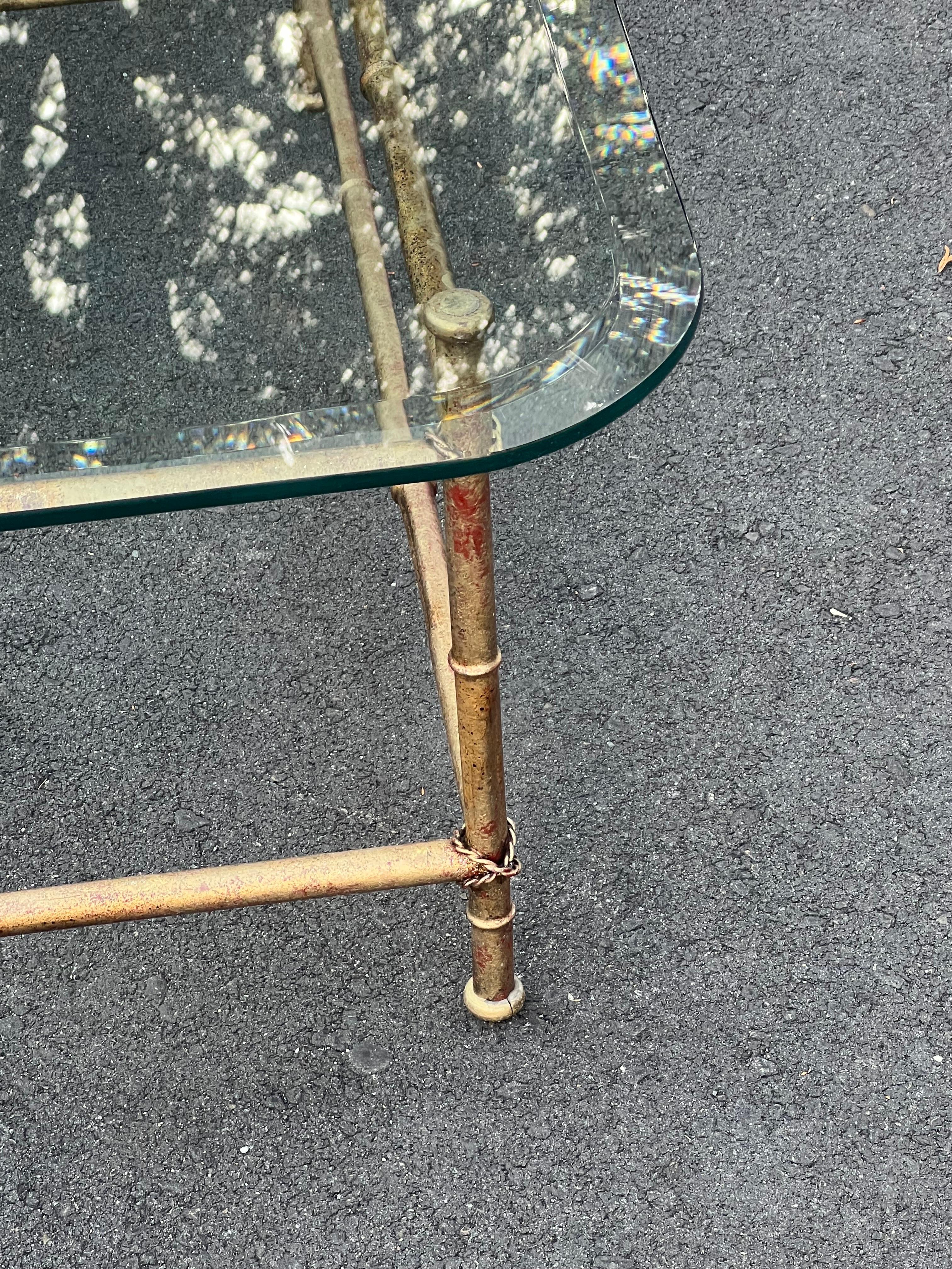 Faux Bamboo Glass and Gilt Metal Coffee Table For Sale 11