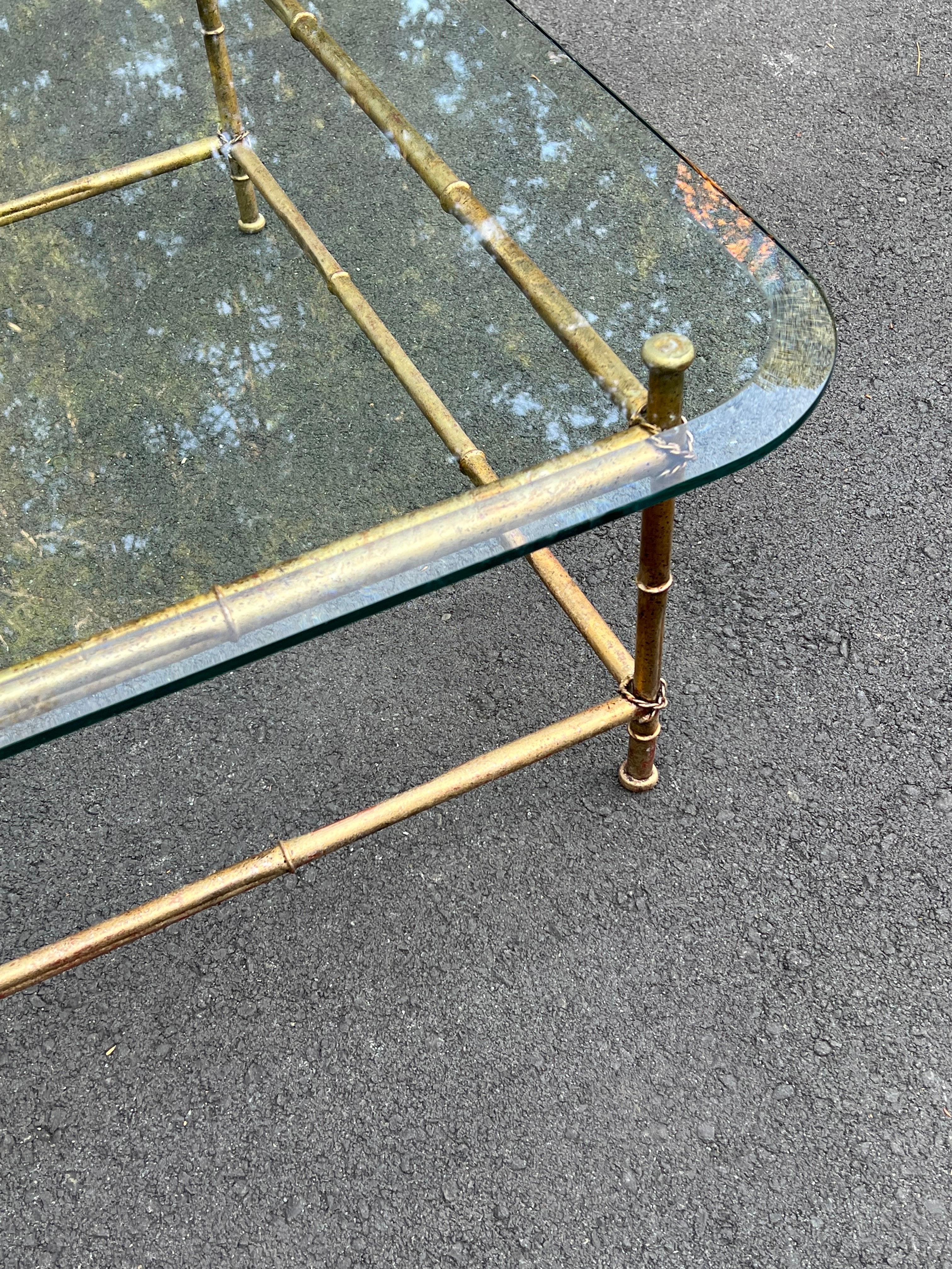 Faux Bamboo Glass and Gilt Metal Coffee Table For Sale 13