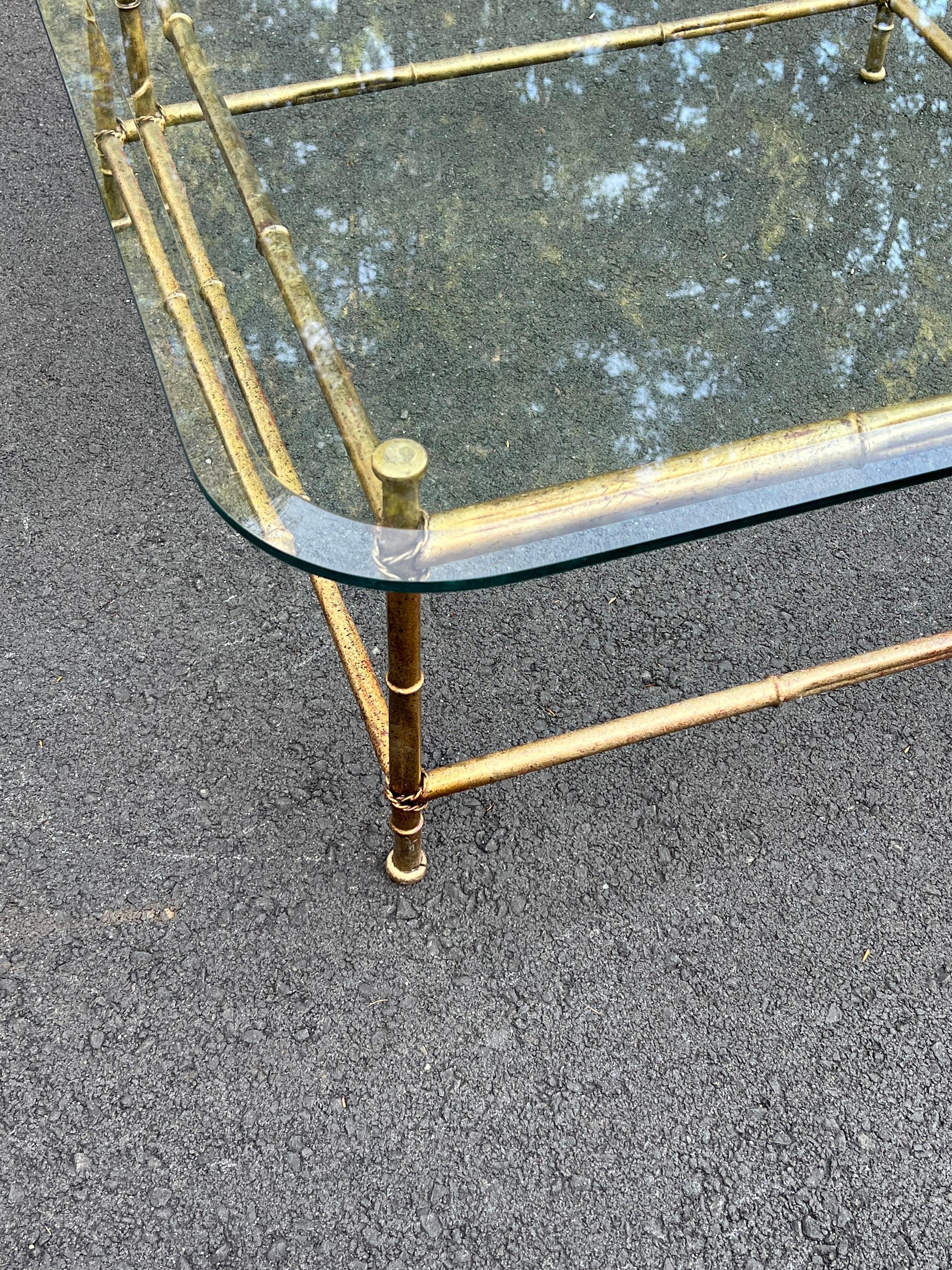Faux Bamboo Glass and Gilt Metal Coffee Table For Sale 14