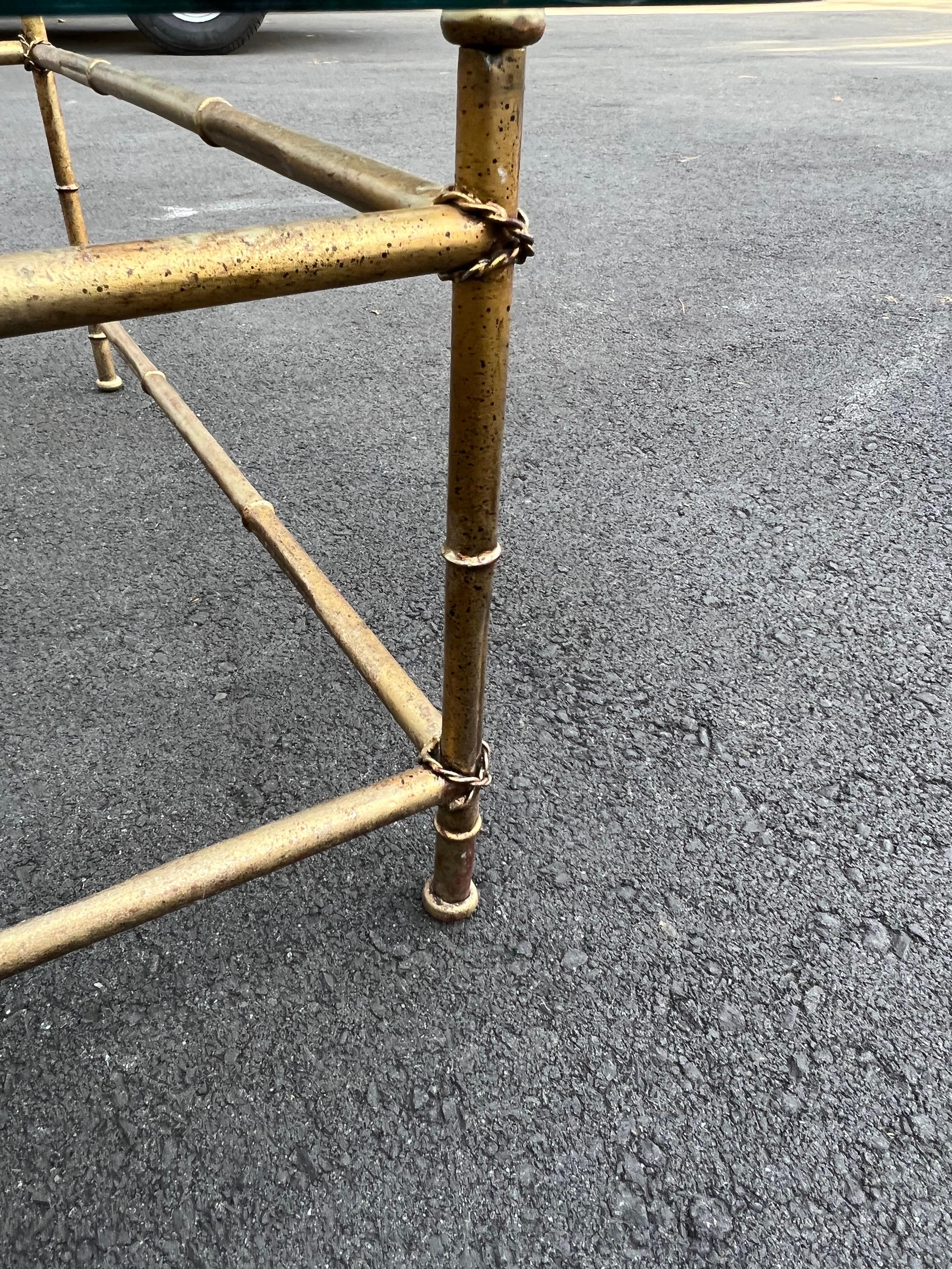 Faux Bamboo Glass and Gilt Metal Coffee Table For Sale 3