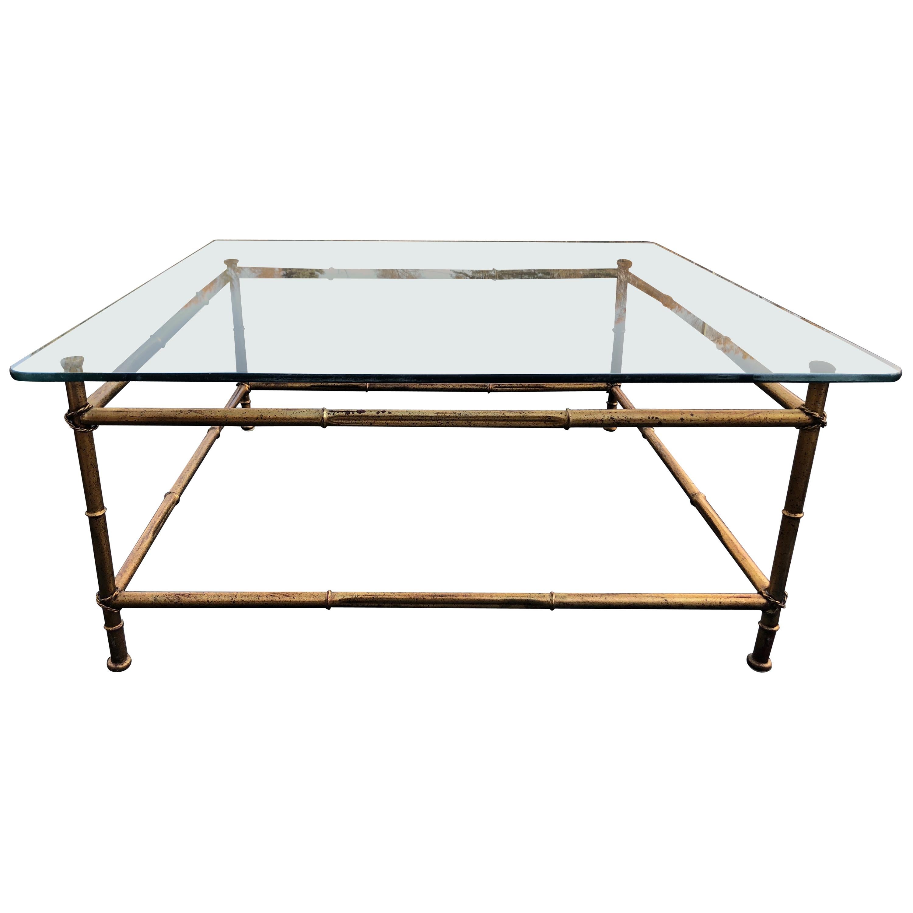 Faux Bamboo Glass and Gilt Metal Coffee Table For Sale