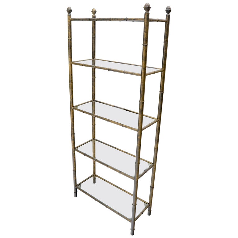 Faux Bamboo Gold Gilt Acorn Finials Five Shelves Étagère Shelving Unit