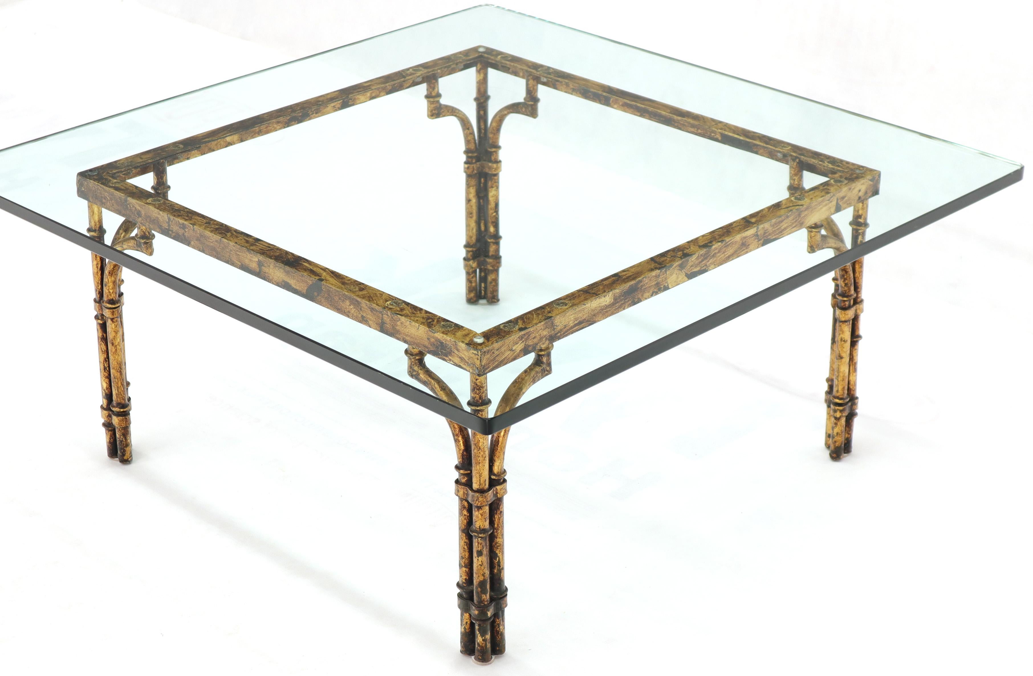 Hollywood Regency Faux Bamboo Gold Gilt Frame Square Glass Top Coffee Table