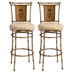 Faux Bamboo Hand Painted Swivel Counter Stools, a Pair