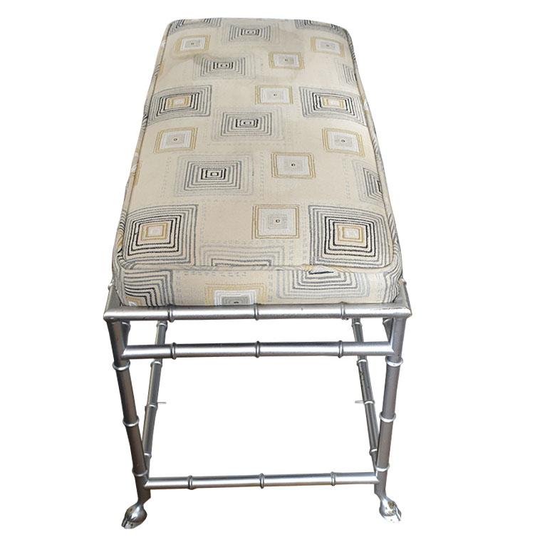 Hollywood Regency Faux Bamboo Hoof Metal Rectangular Bench in Silver with Upholstered Seat For Sale