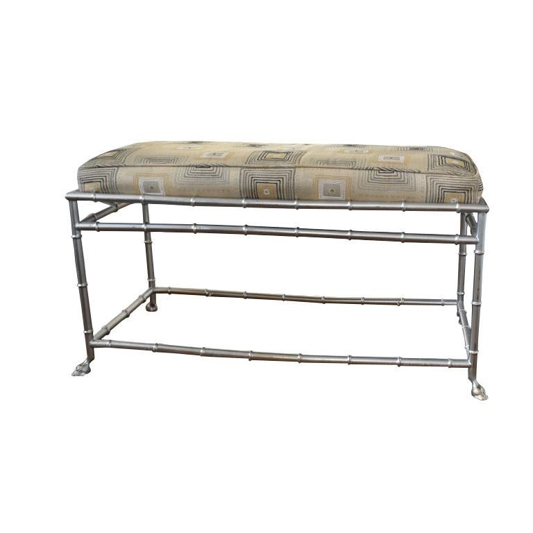 American Faux Bamboo Hoof Metal Rectangular Bench in Silver with Upholstered Seat For Sale