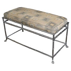 Vintage Faux Bamboo Hoof Metal Rectangular Bench in Silver with Upholstered Seat
