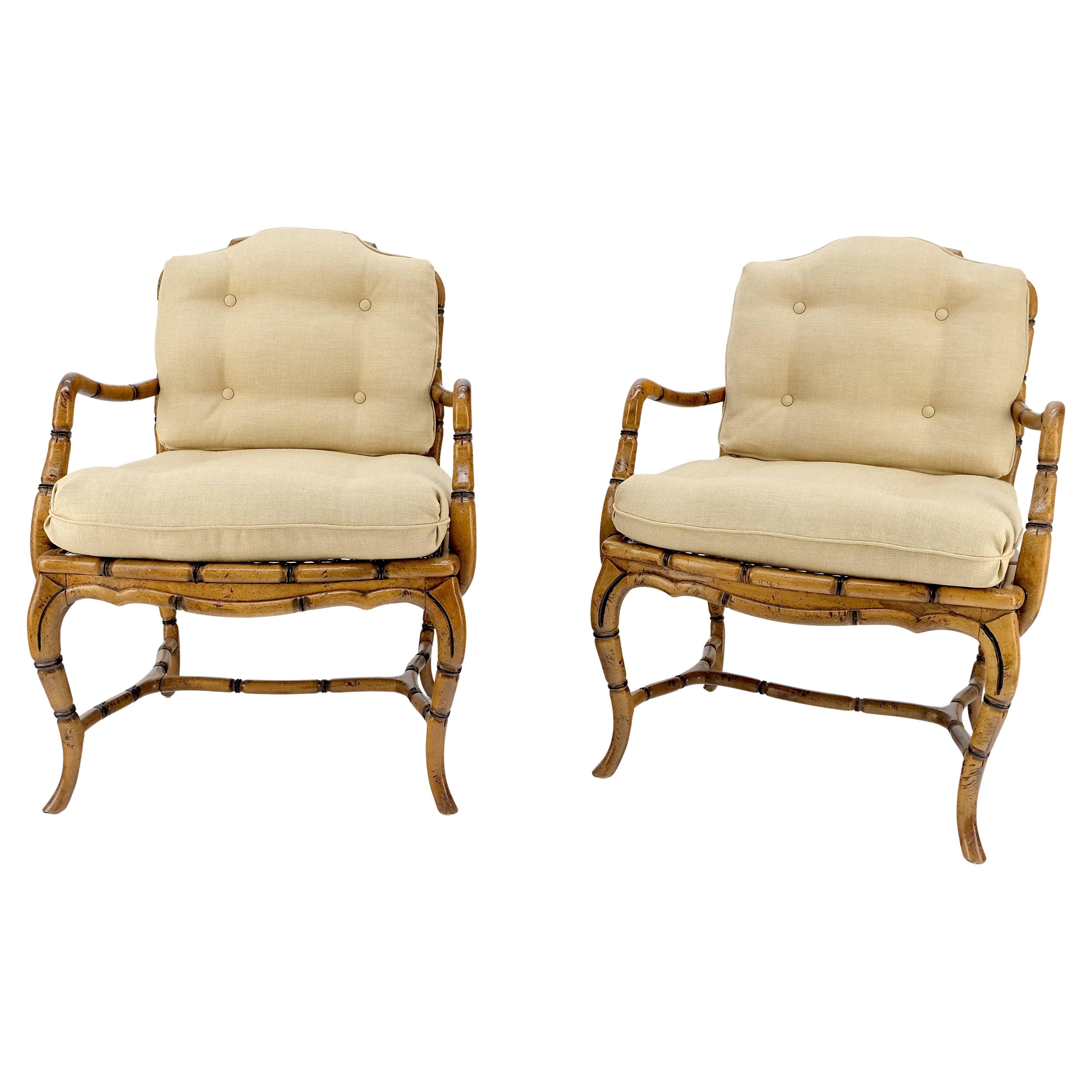 Mid-Century Modern Faux Bamboo Horn Shape Legs New Linen Upholstery Lounge Chairs MINT! For Sale