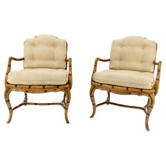 Faux Bamboo Horn Shape Legs New Linen Upholstery Lounge Chairs MINT!