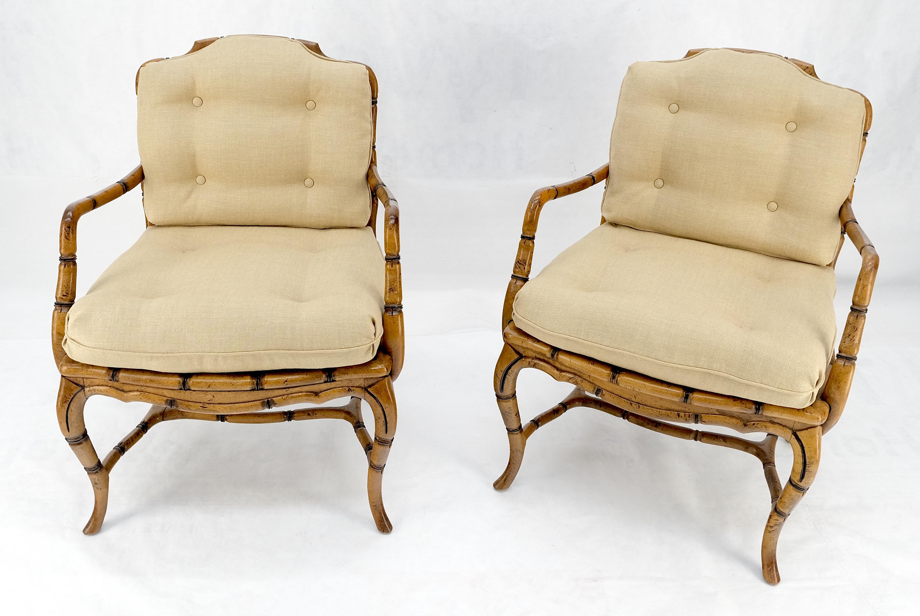 American Faux Bamboo Horn Shape Legs New Linen Upholstery Lounge Chairs MINT! For Sale